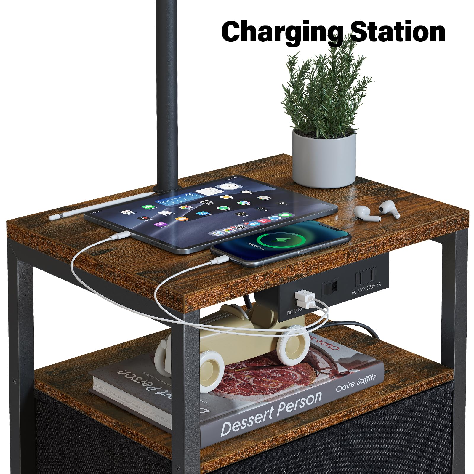 Sunmory Floor Lamp With Table & 2 Drawers, Lamp With Usb Port And Outlet, Nightstand With 3 Color Temperature Led Bulb Included,