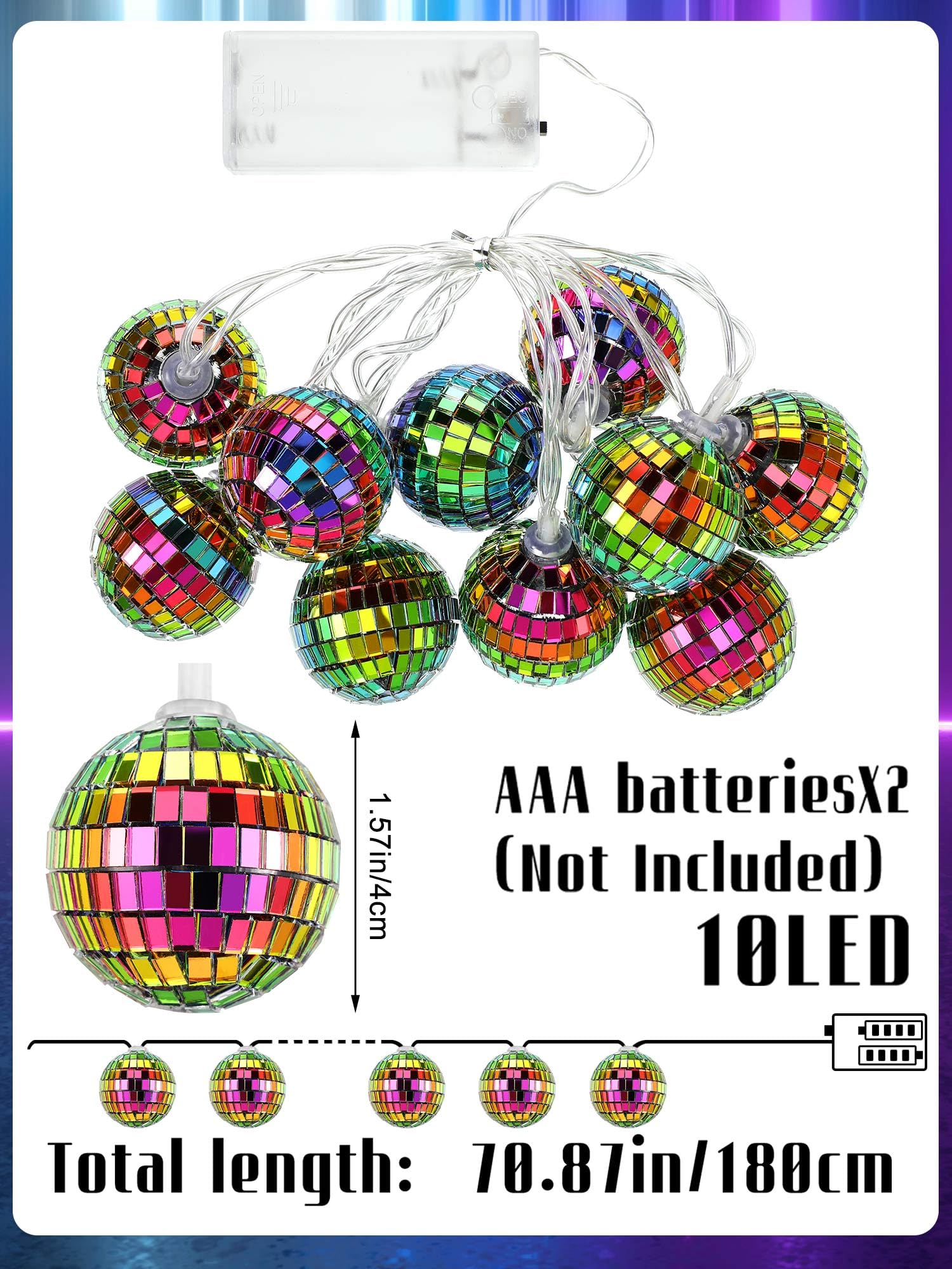 BBTO LED Disco Ball String Lights, 9.84 Feet, Battery Powered, 1.57 Inch, Fantasy Color, Model BBTO-88750