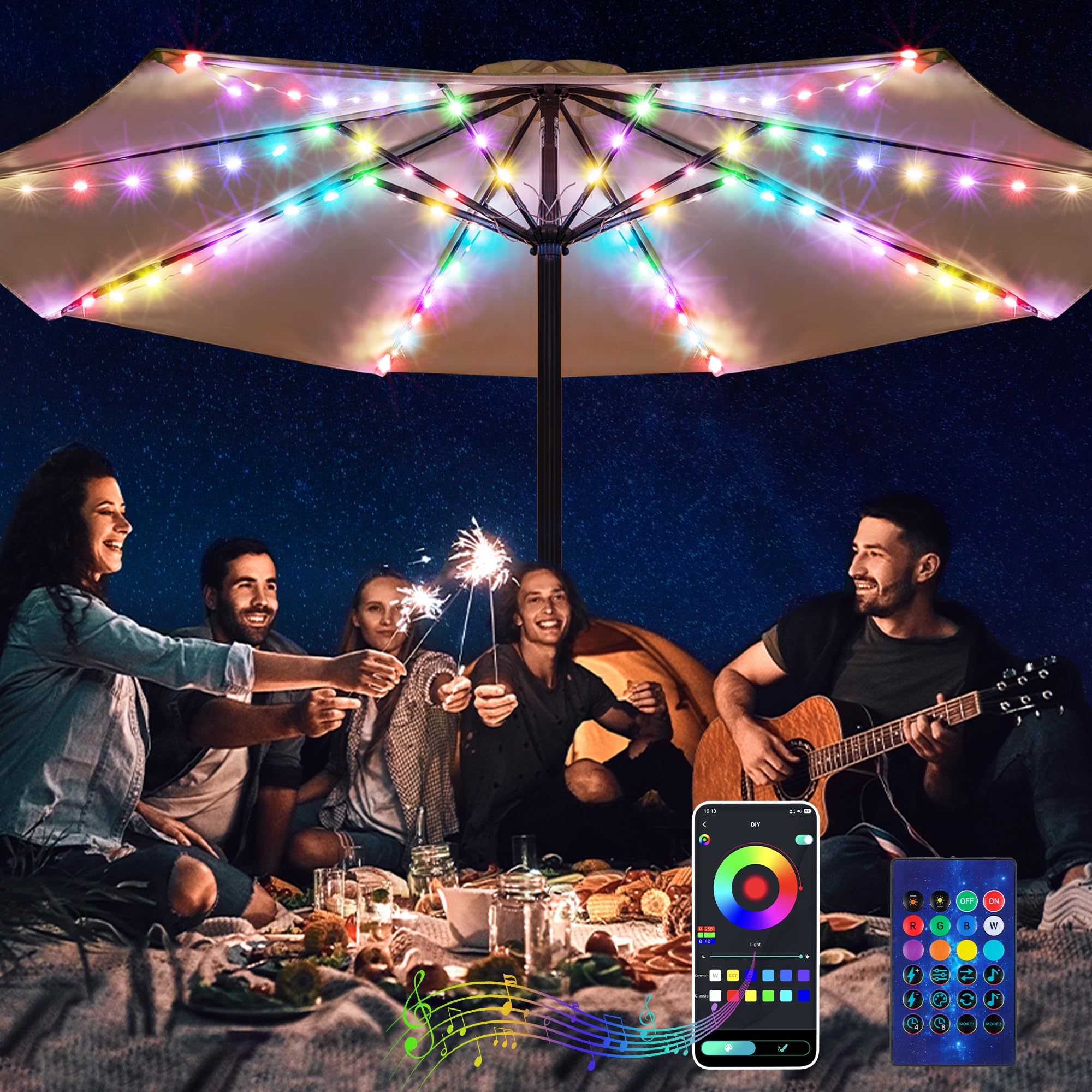 Gulfmew Patio Umbrella Lights, 104 Bright LEDs DIY Colors USB Battery Powered Waterproof Outdoor Umbrella Lights with APP Contro