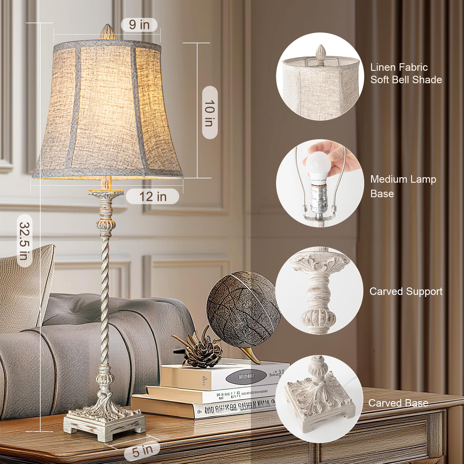 LuxSight Vintage Candle Stick Buffet Table Lamp, 33'' Tall, Ivory White Linen Shade, Stepless Dimming for Living Room & Bedroom