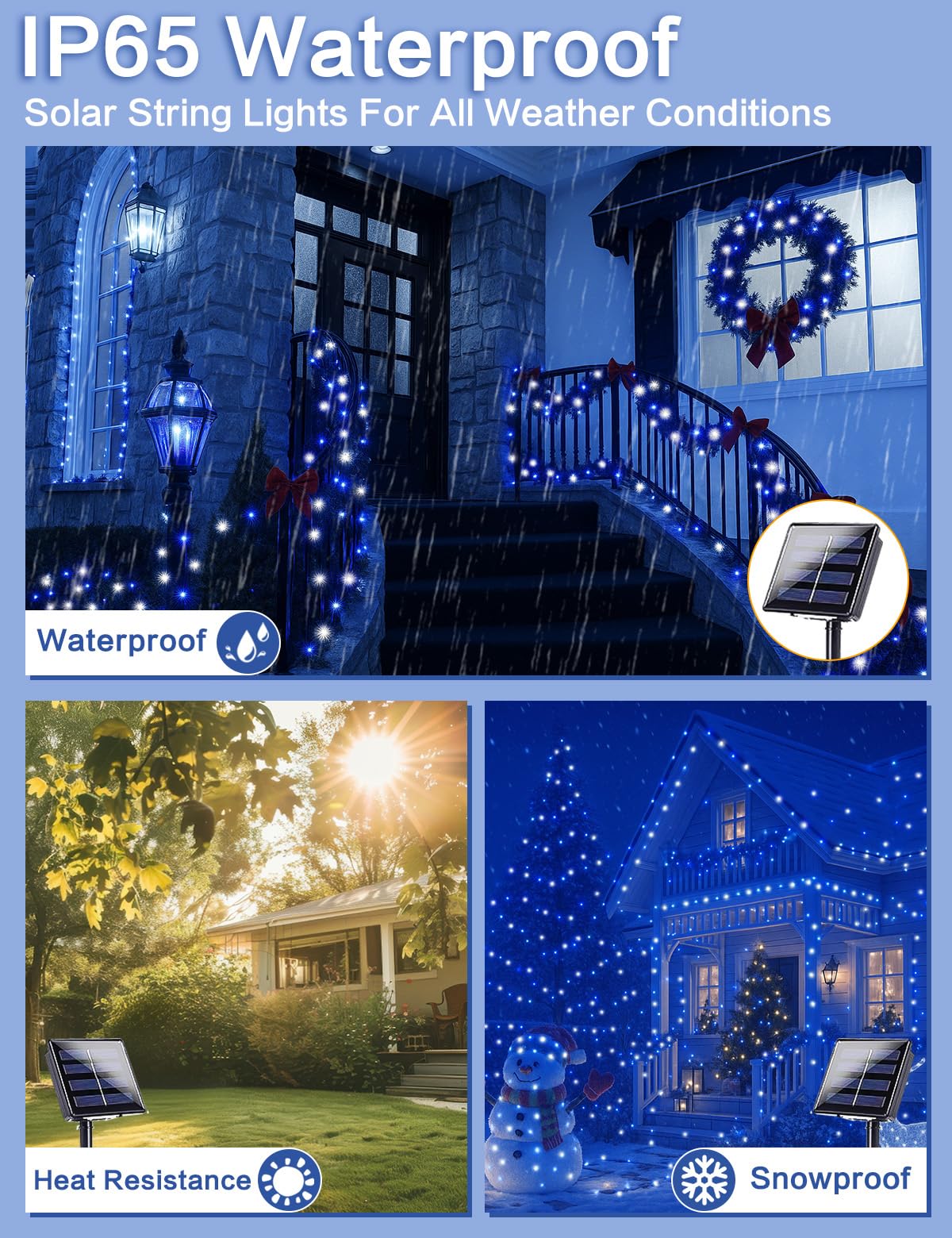 BHCLIGHT Solar String Lights, 80FT 200 LED, Waterproof, Blue and White, 8 Modes, 2 Pack