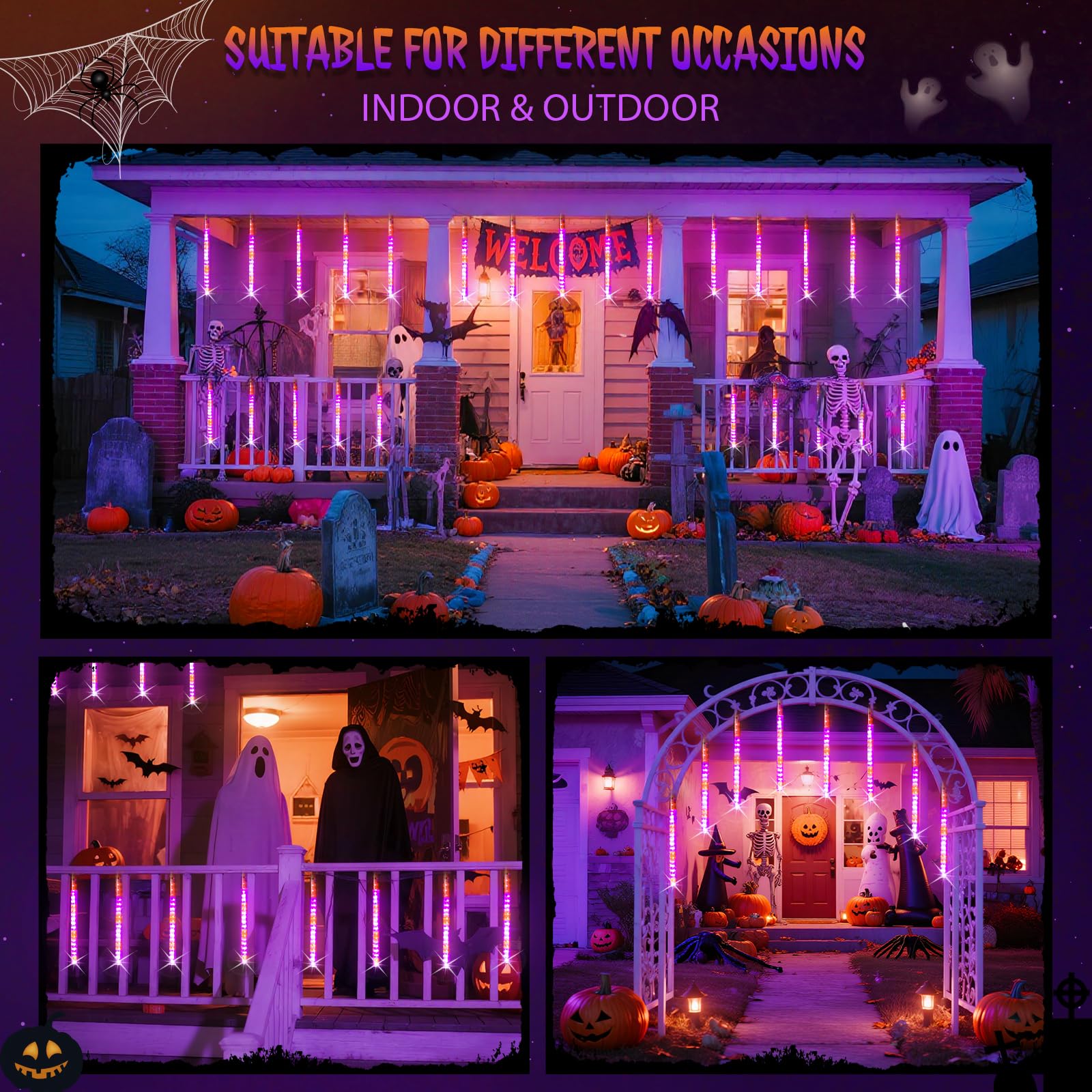 JMEXSUSS Solar Meteor Shower Lights - 8 Tube, 144 LEDs, Orange & Purple, PVC for Halloween & Christmas Outdoor Decoration