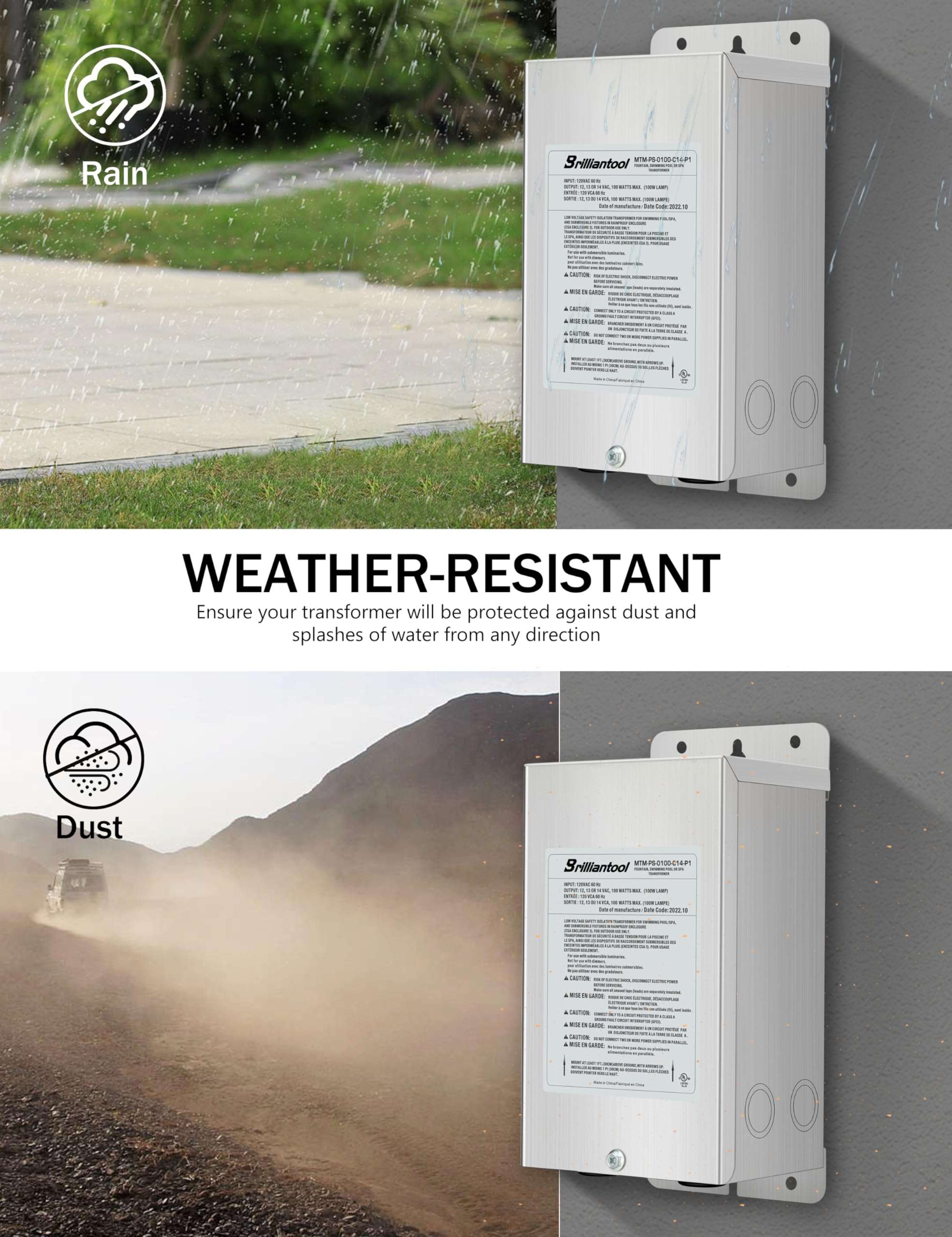Brilliantool 100W Stainless Steel Casing Pool Light Transformer  Convert 120Vac To 12V/13V/14V Ac Multi-Tap  Weatherproof Transformer  Intended For Pool/Spa Lights And Landscape Lighting (100  Watts)