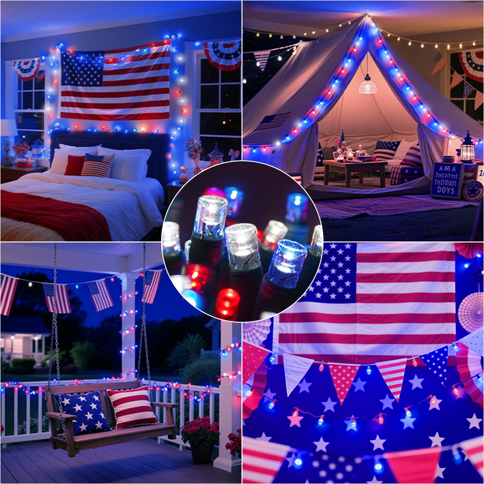 LAMPHOME 33ft String Lights, 100 LED Copper Mini Lights, Red White Blue, 11 Modes, Model YHLL-100F