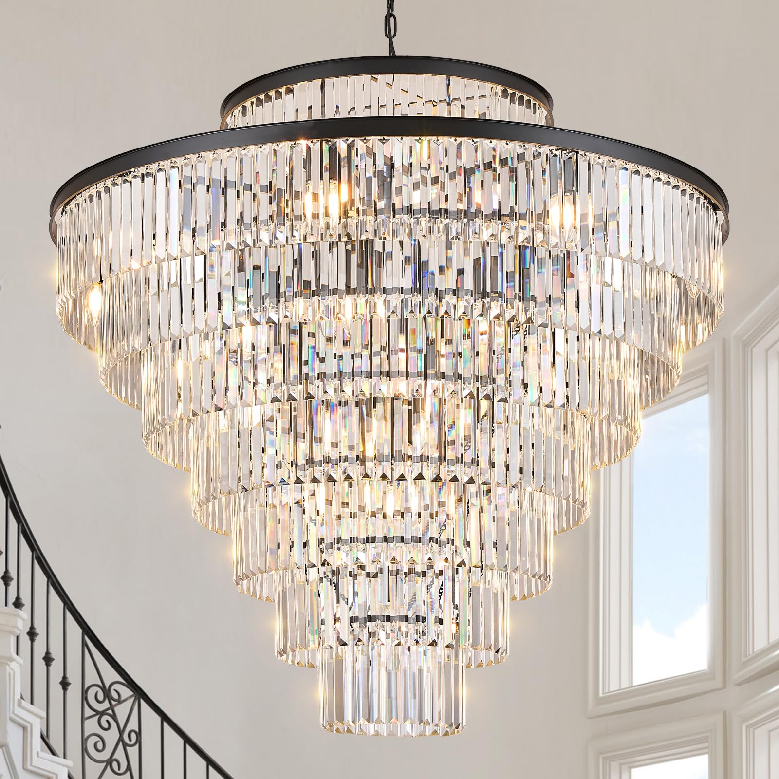 43.3 Large Crystal Chandeliers 28 Lights Black Modern Chandelier for Foyer Staircase High Ceiling 8 Tiers Round K9 Ceiling Pendant Lighting Fixture Elegant for Lobby Living Room
