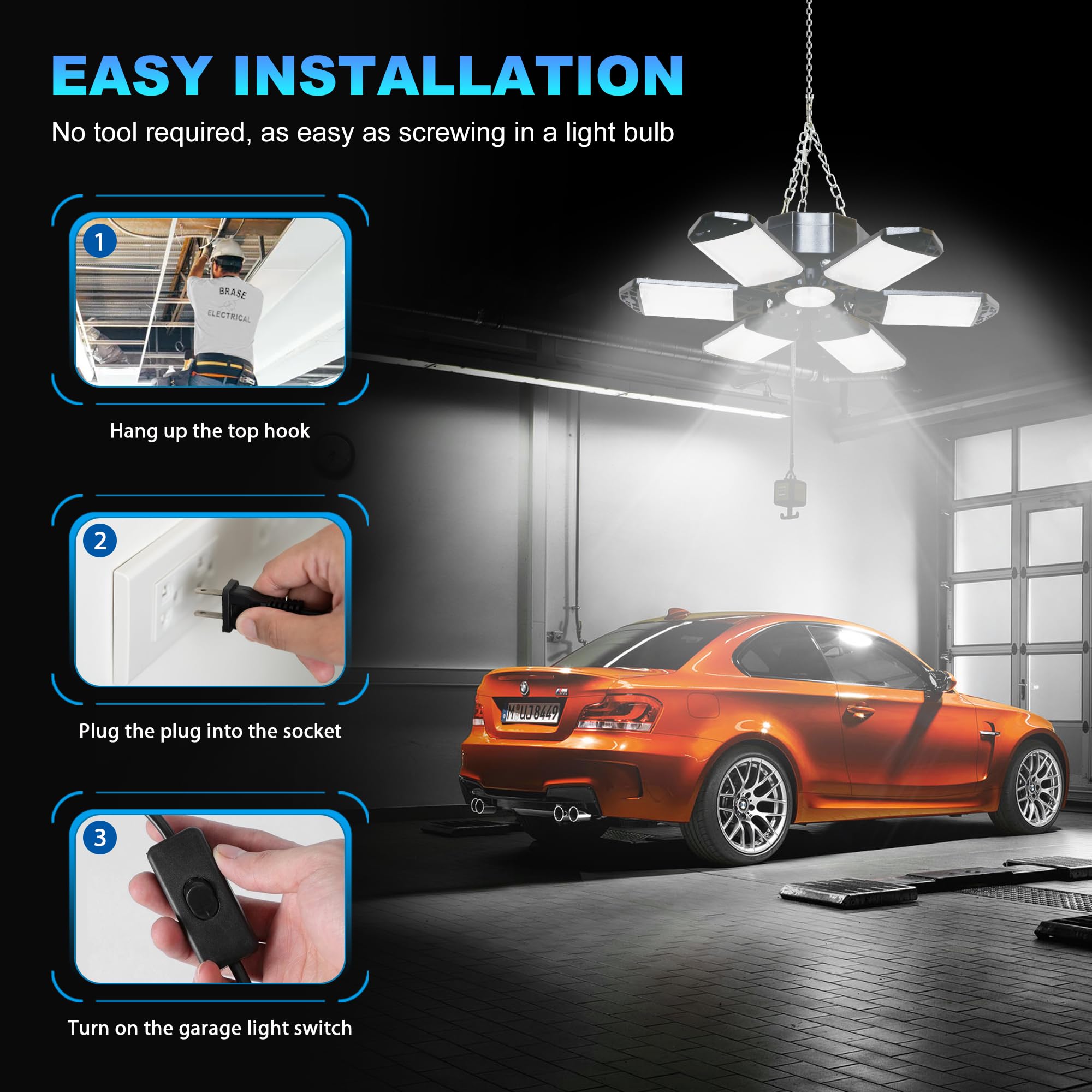 Sumkea Led Garage Light 2 Pack, 200W Plug-In Led Shop Light With 6+1 Adjustable Panels -Linkable, 20000W Super Bright Deformable