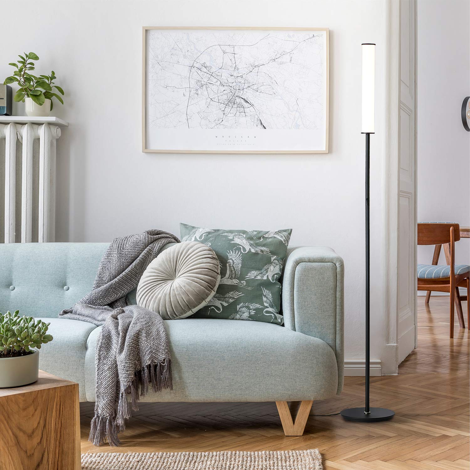 O'Bright LED Cylinder Floor Lamp, Remote Control, Dimmable 3000K-6000K, Black, Model OB-FL09D, Minimalist Design for Living Room and Office