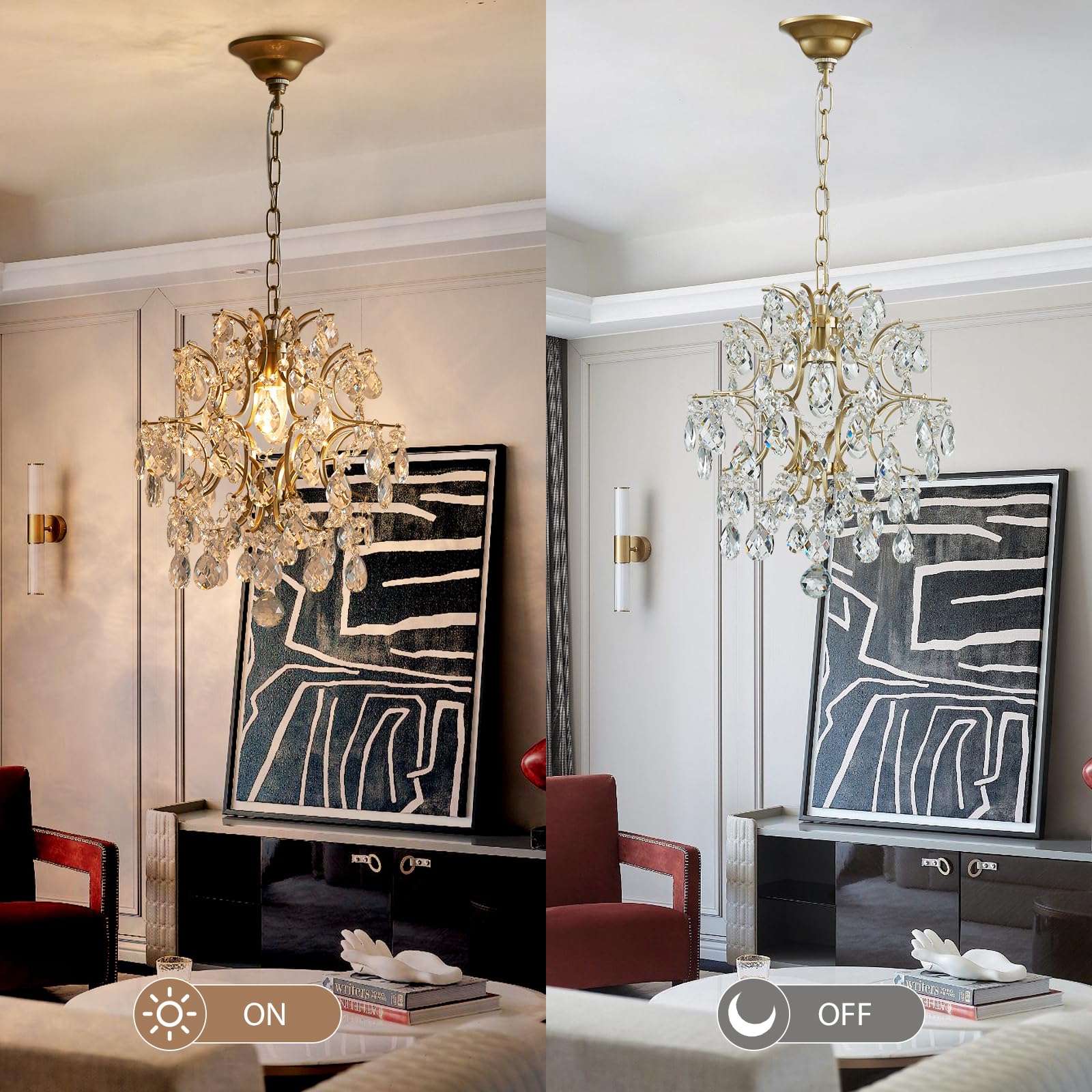 Bestier Gold Pendant Chandelier - Modern Crystal Raindrop Lighting, H 40cm x D 32cm, for Dining Room, Bathroom, Bedroom, Model AK-AJ-18162