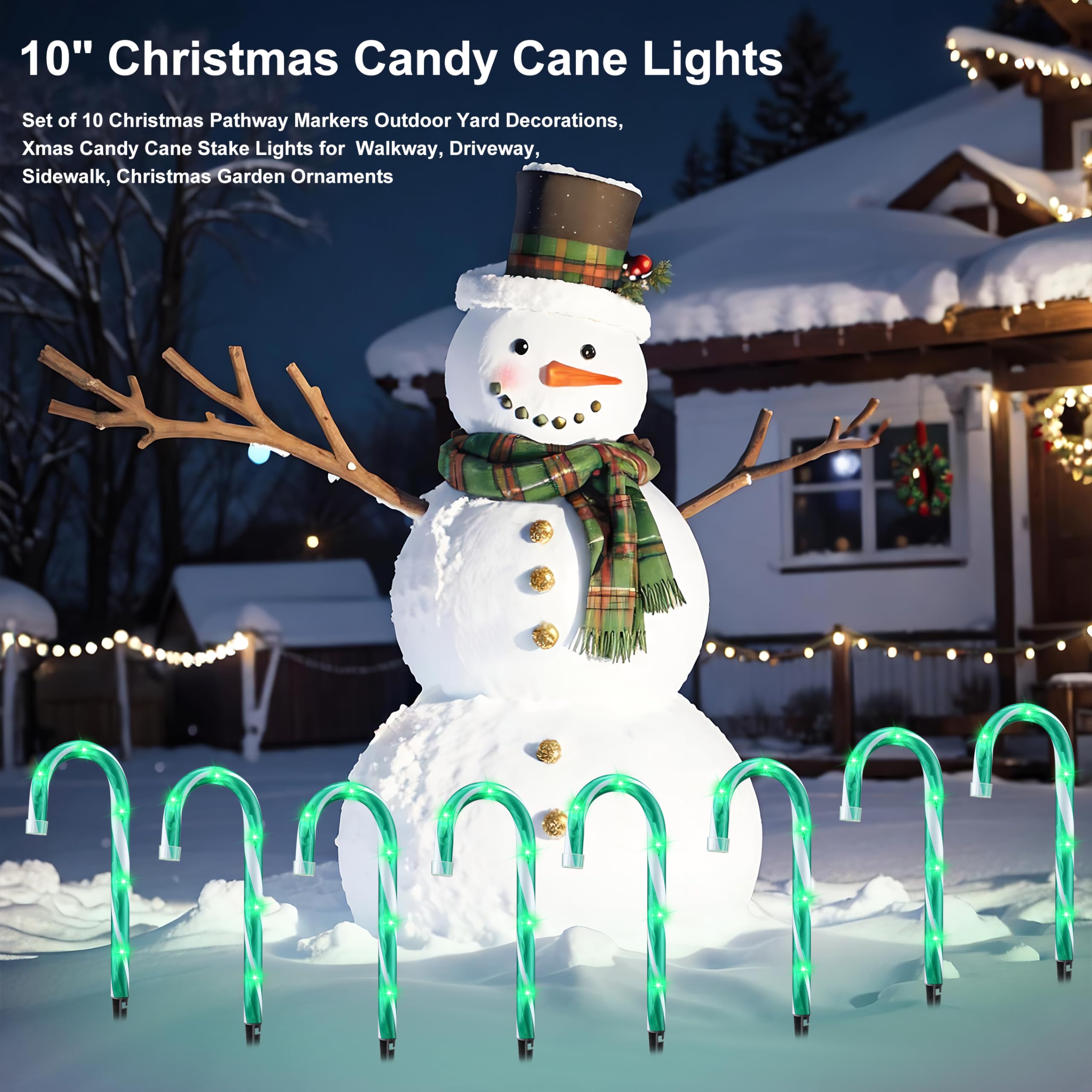 PerPaiMe Christmas Candy Cane Lights - Set of 10 Pathway Markers, 10 inch Green Plastic Yard Decorations, Model HCH-50/1FD39