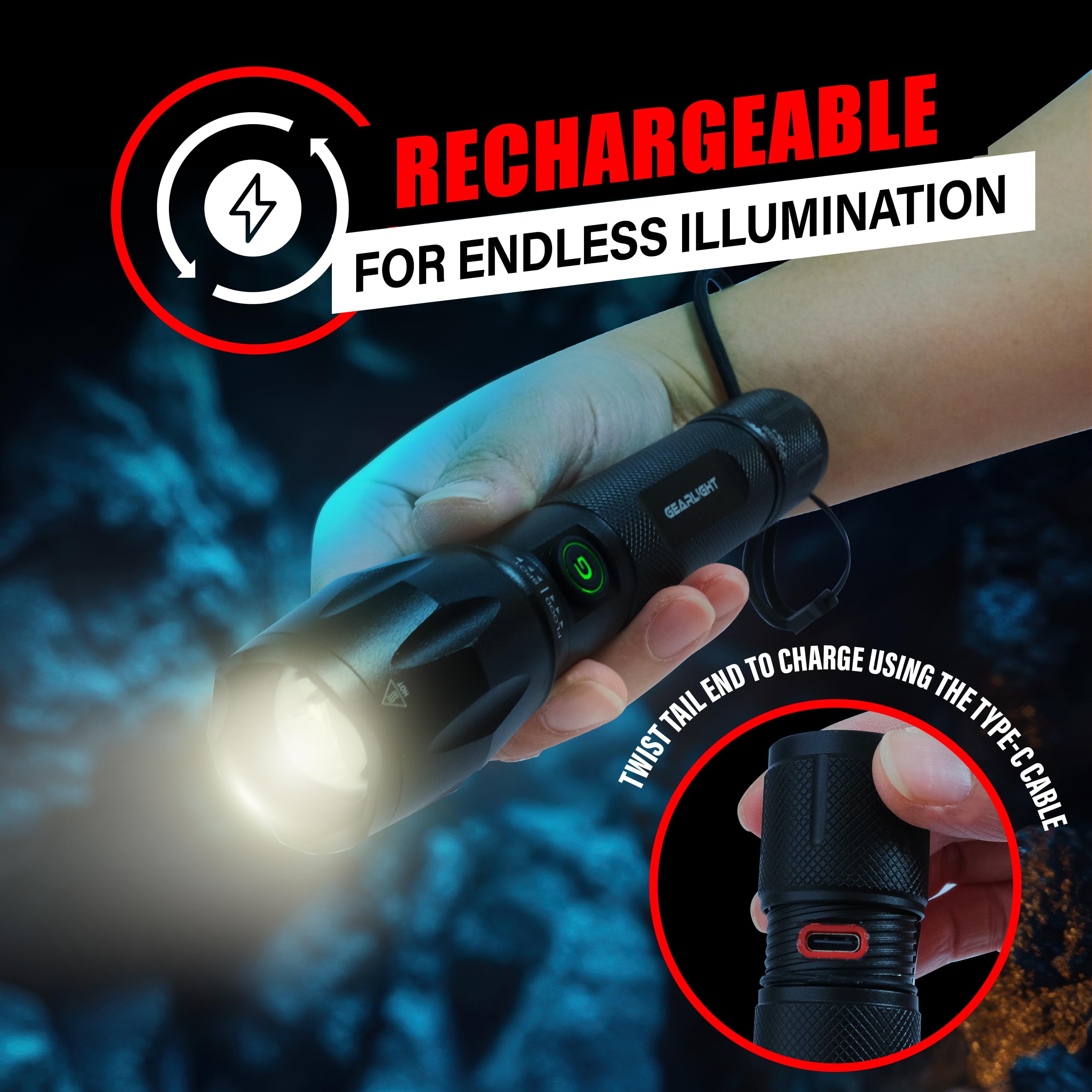 Gearlight S1000 Rechargeable Led Tactical Flashlight - 2 Pack, High Lumens, Usb-C Fast Charging, Dual-Button, Ipx4 Water-Resista