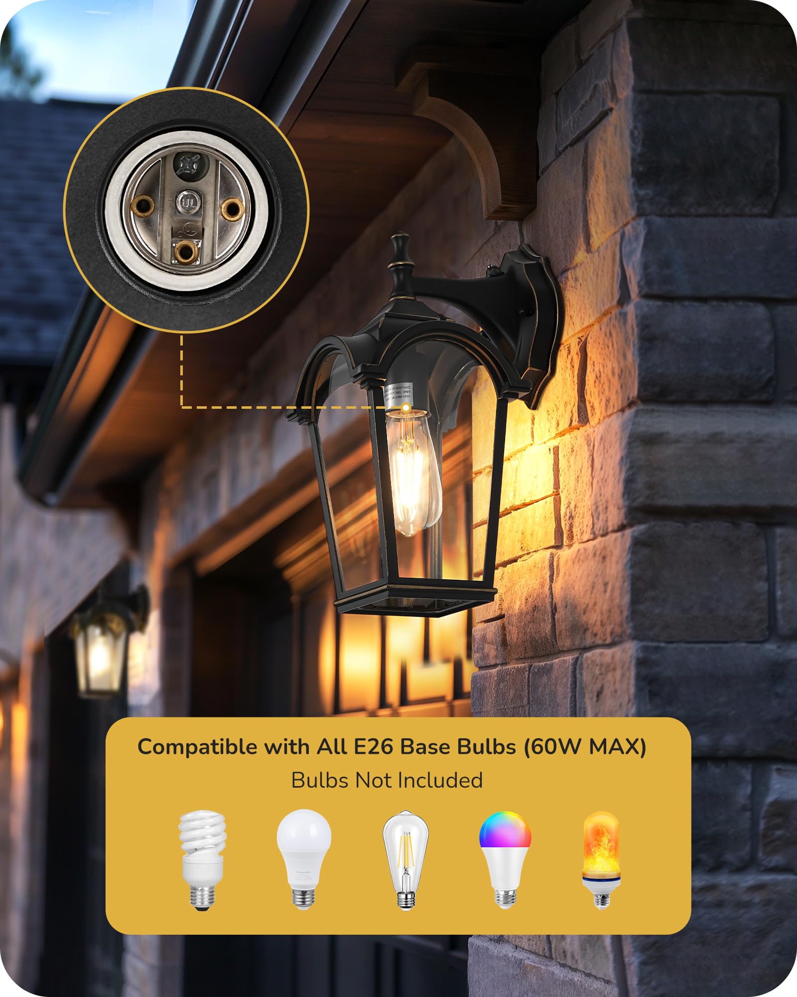 EDISHINE Dusk to Dawn Outdoor Wall Lights, Waterproof Exterior Light Fixtures, Black Wall Sconce Porch Lighting with Clear Tempe