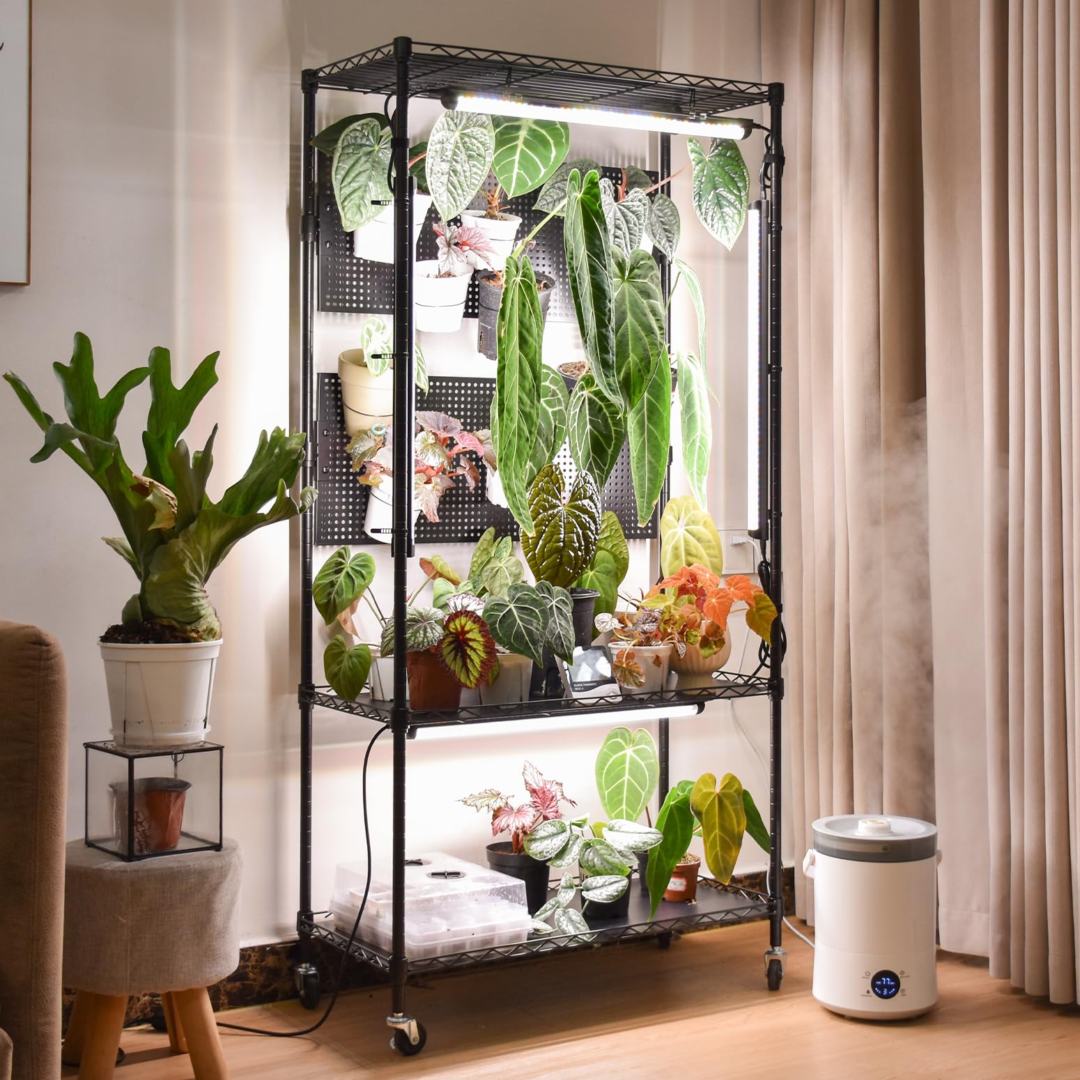 Bstrip Plant Cabinet with Pegboard, 3 Tier Plant Shelf with Grow Light, Metal Plant Stand with 4 Pack 96W Grow Lights for Indoor