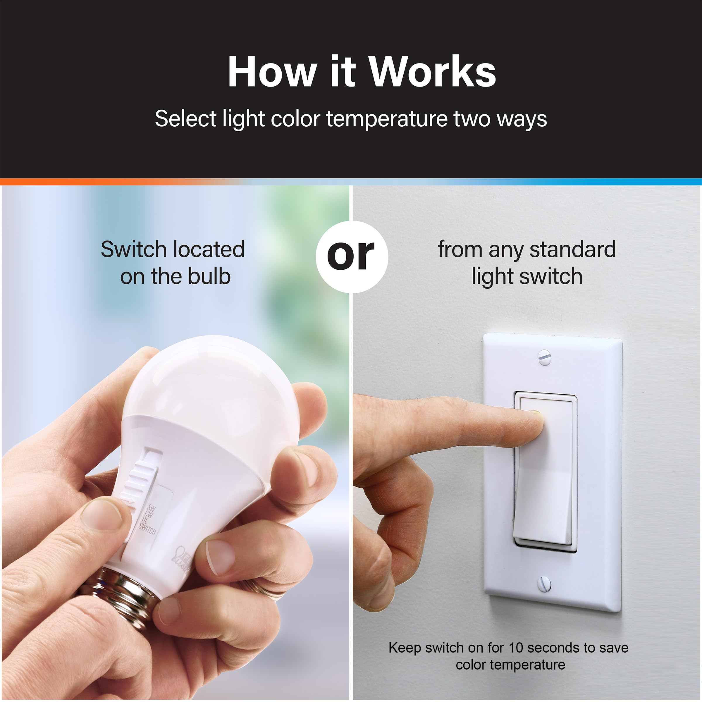 Feit Electric A19 LED Light Bulb 60W Equivalent Dimmable 5CCT 2 Pack E26 800 Lumens Model OM60DM/6WYCA/2