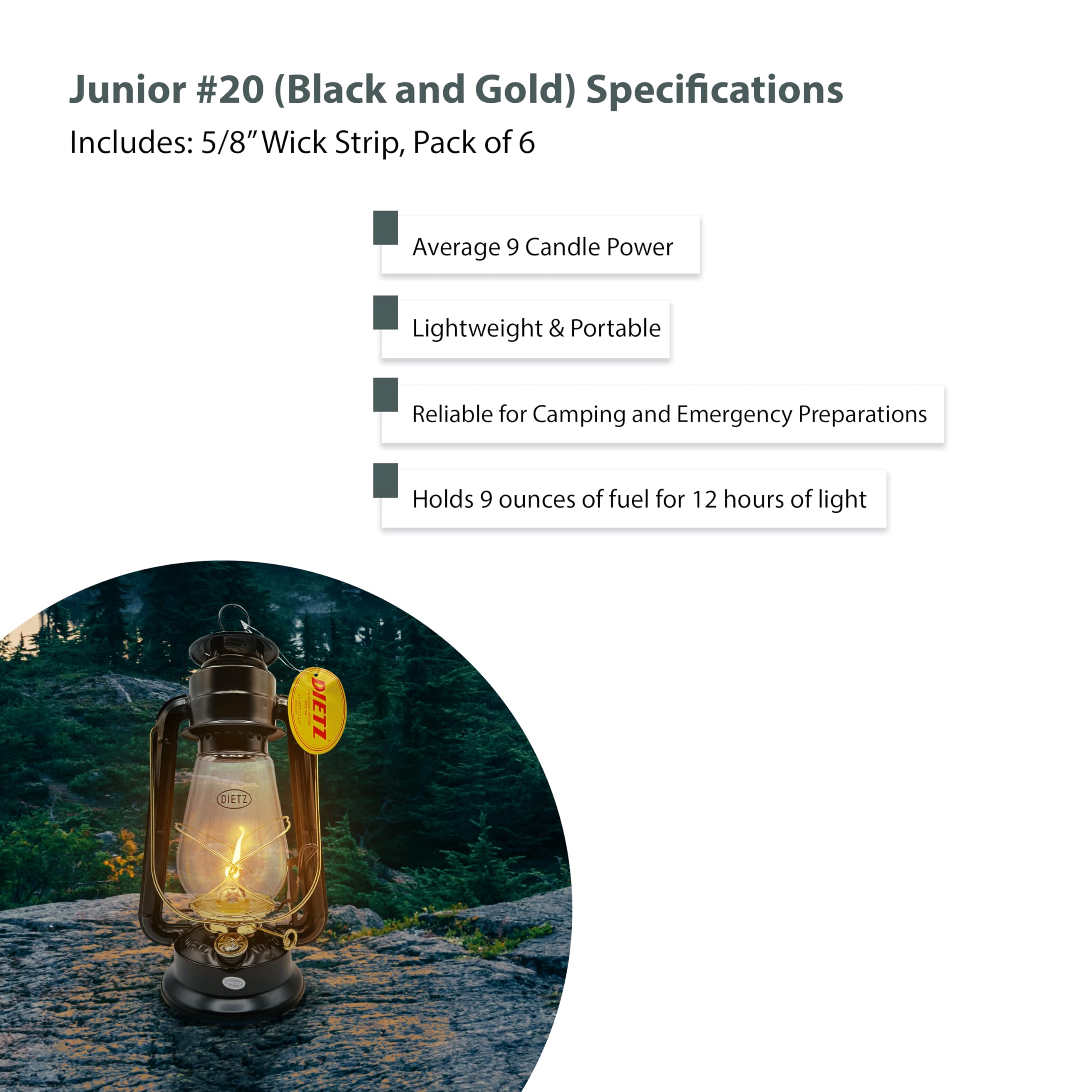 Light of Mine - Dietz #20 Junior Black with Gold Oil Lantern with 100% Cotton 5/8 Replacement Wick Strips (Black and Gold)