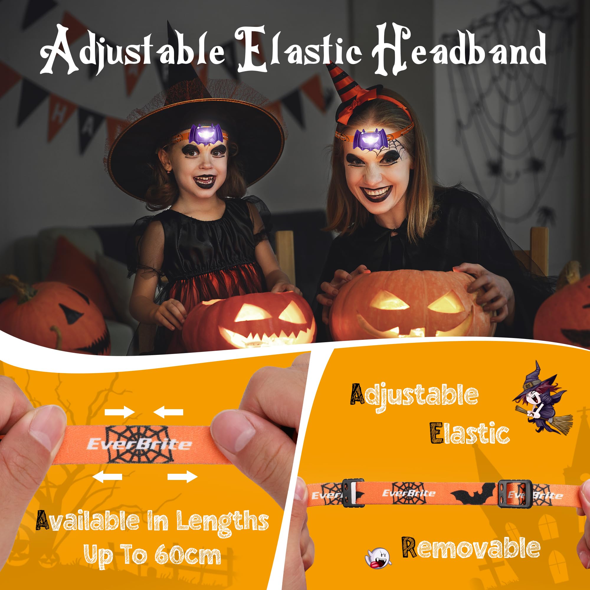 Everbrite Halloween Bat Headlamps Halloween Gifts 3 Modes Head Lamps With Warm/Red/Strobe Lights  Headlights For Halloween Party And Decorations 2 Pack