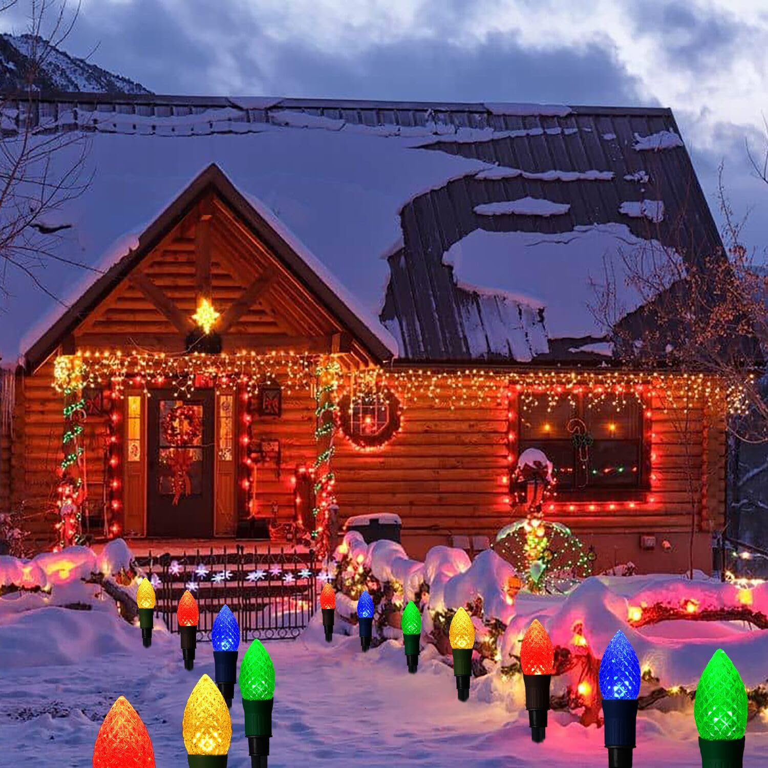 Solar Christmas Pathway Lights Outdoor, 20 Led C9 Christmas Lights With 20 Stakes, 23Ft Solar Christmas Decorations Strawberry S