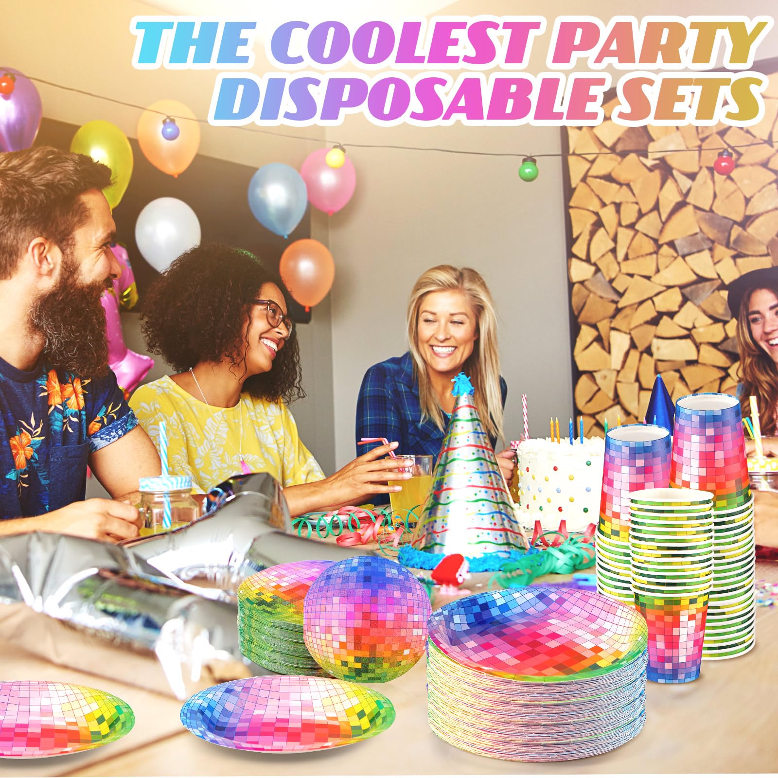 Gerrii 70S Disco Party Supplies Includes 50 Pcs Silver Disco Ball Paper Dinner Plates 50 Pcs Disco Paper Cups 50 Pcs Disco Party Cocktail Napkins For Disco Wedding Party Picnic Travel (Colorful)