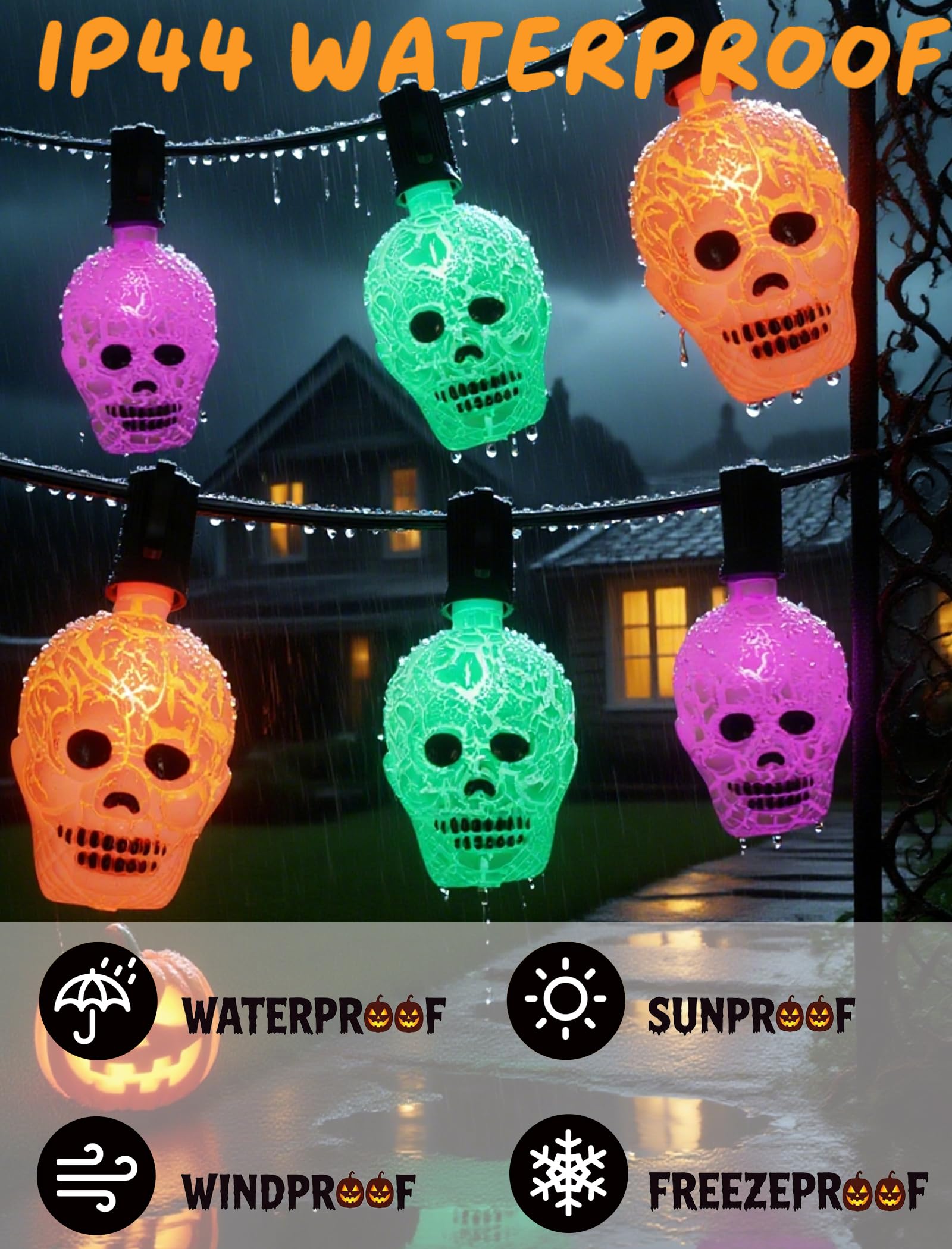 Hobbynors 10.5ft Halloween Skull String Lights, Waterproof, Multicolor, UL Certified, Model LR-I/O-C-10-0.6-J25