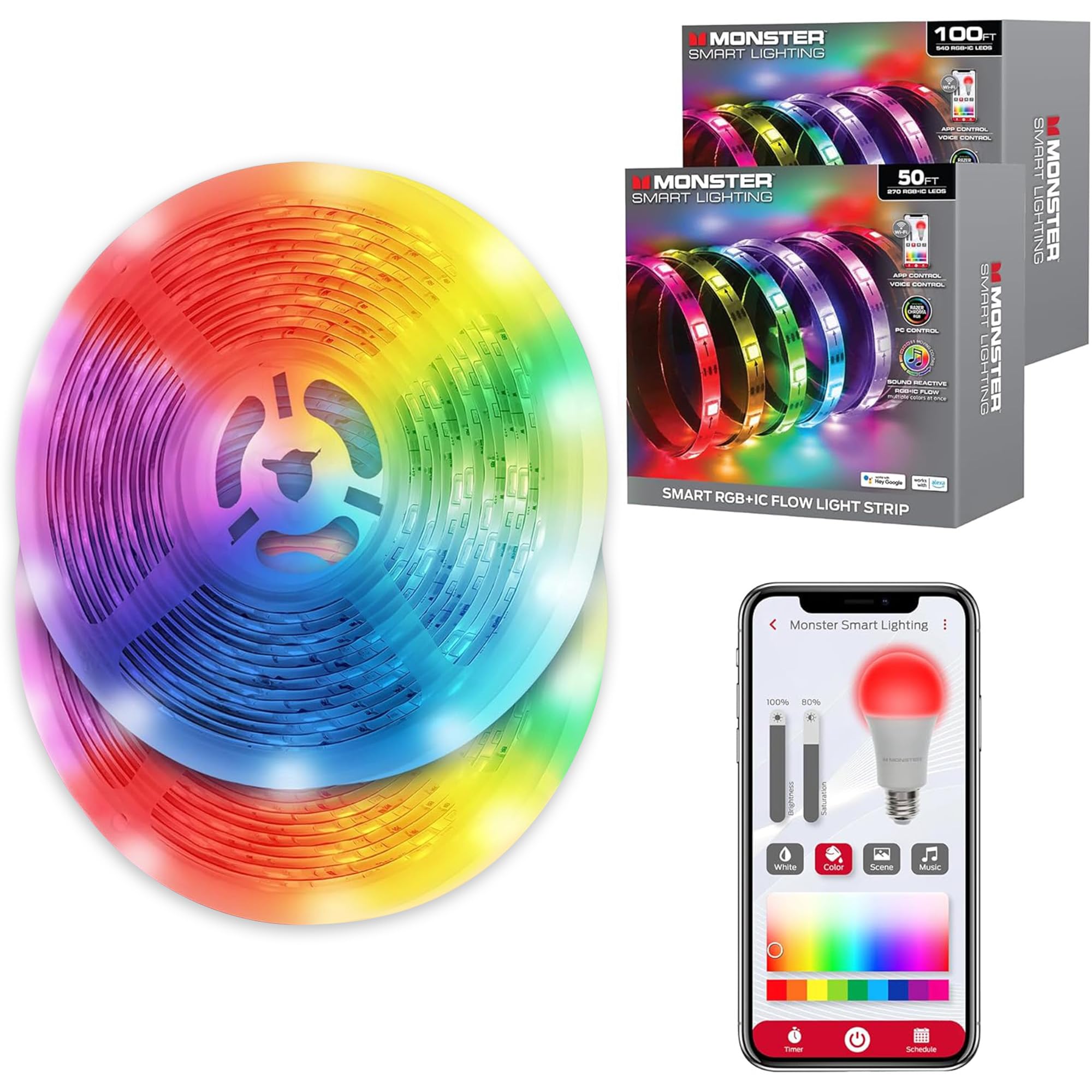 Monster Smart RGB+IC LED Band Lights - Sound Reactive Band Lights for Bedroom  App & Voice Control  RGB Light Band for Room  Alexa Google Home  Razer Chroma Sync (150ft)