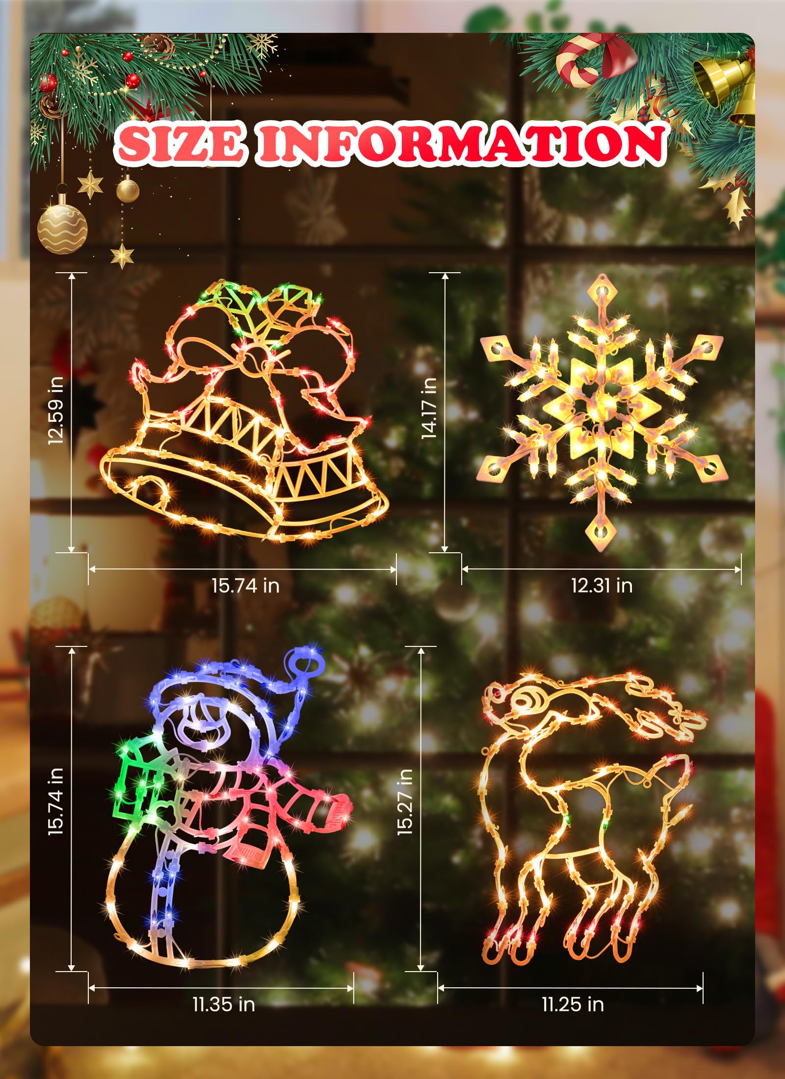 Minetom Christmas Window Silhouette Lights Decorations, Pack of 4, Snowflake, Snowman, Bell, Deer, Multicolor, Model 39124