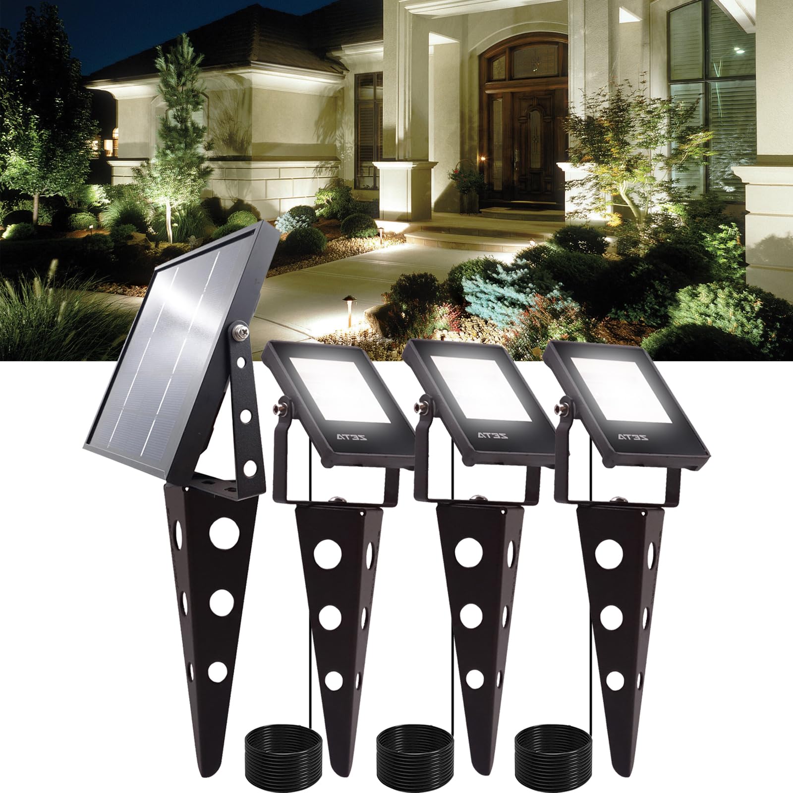 Solar Spot Lights Outdoor,ZETA Waterproof Metal Cool White 3-in-1 Auto On/Off Dusk to Dawn Uplights Decoration SpotLights for Ou