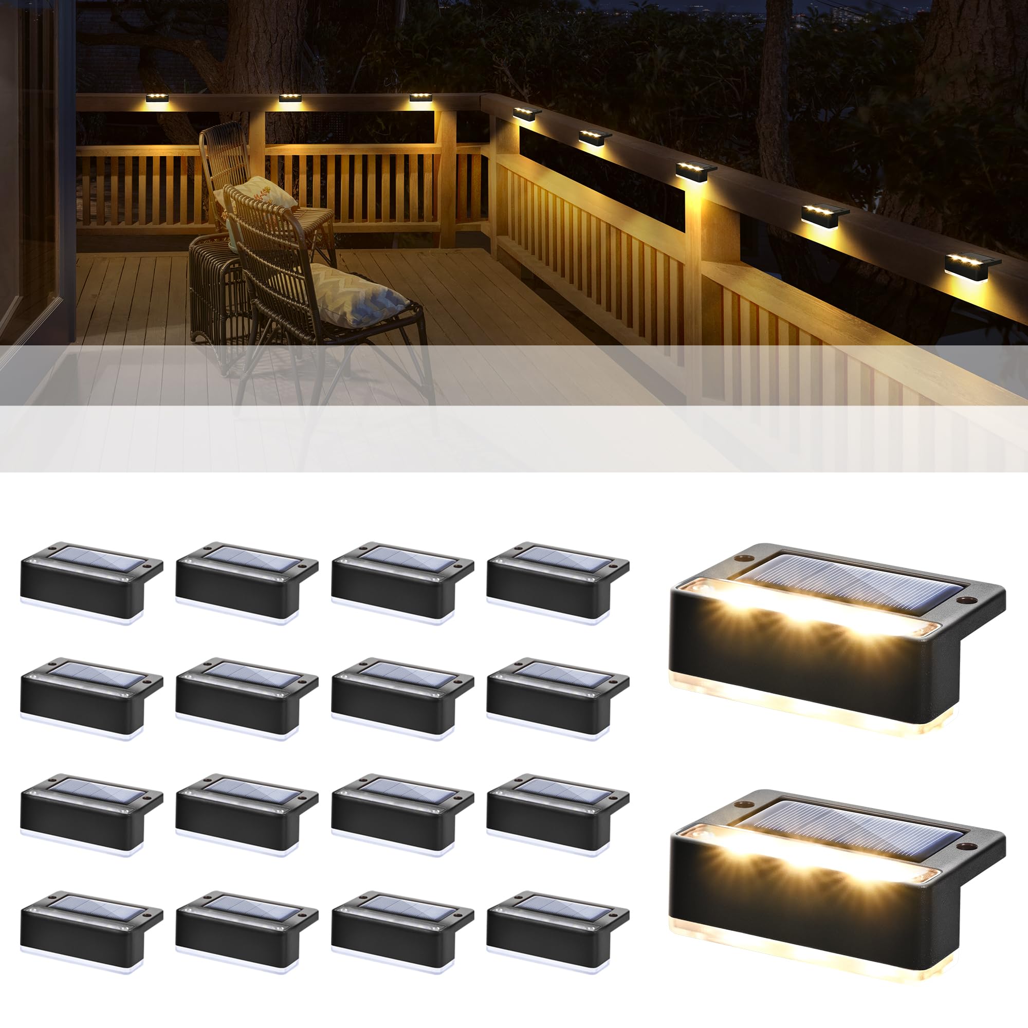 SOLPEX Solar Fence Lights, 6 LEDs Waterproof Outdoor Lighting, 16 Pack Warm White, Black, Model 8543