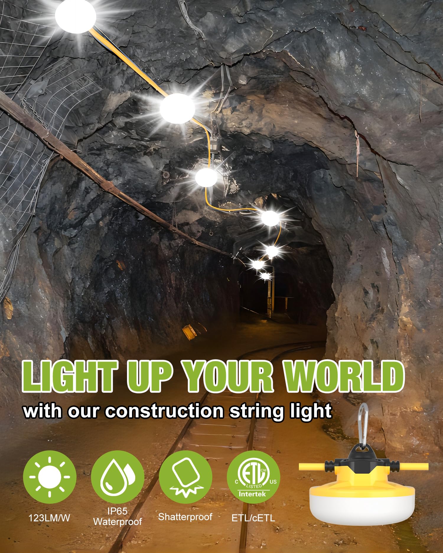 Yxl 130W 16000Lm Construction String Lights 100Ft Industrial String Work Lights, Ip65 Waterproof 123Lm/W Super Bright For Construction Sites Temporary Work Jobsites Outdoor Lighting