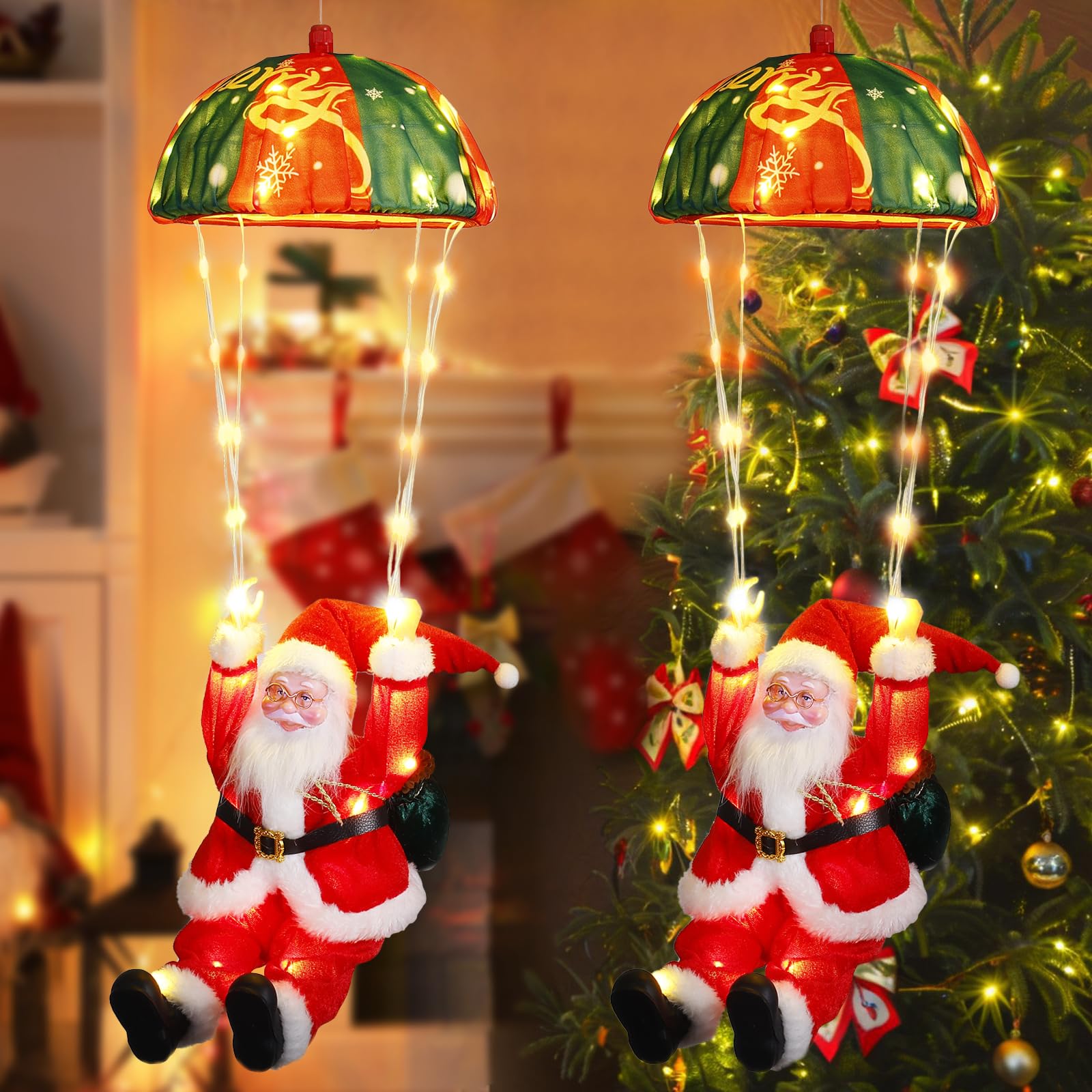 Christmas Parachute Santa Lights - Plug in Set of Two Santa Lights with 8 Lighting Modes and Timer, Hanging Lighted 2 Santa Clau