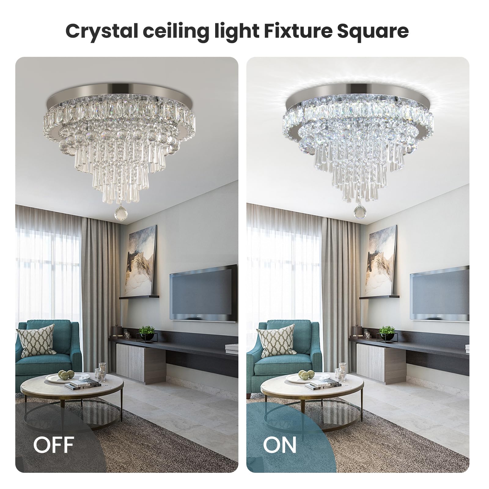 FRIXCHUR Modern Crystal Chandelier Ceiling Light LED Flush Mount 19.7in Warm White Metal MC096