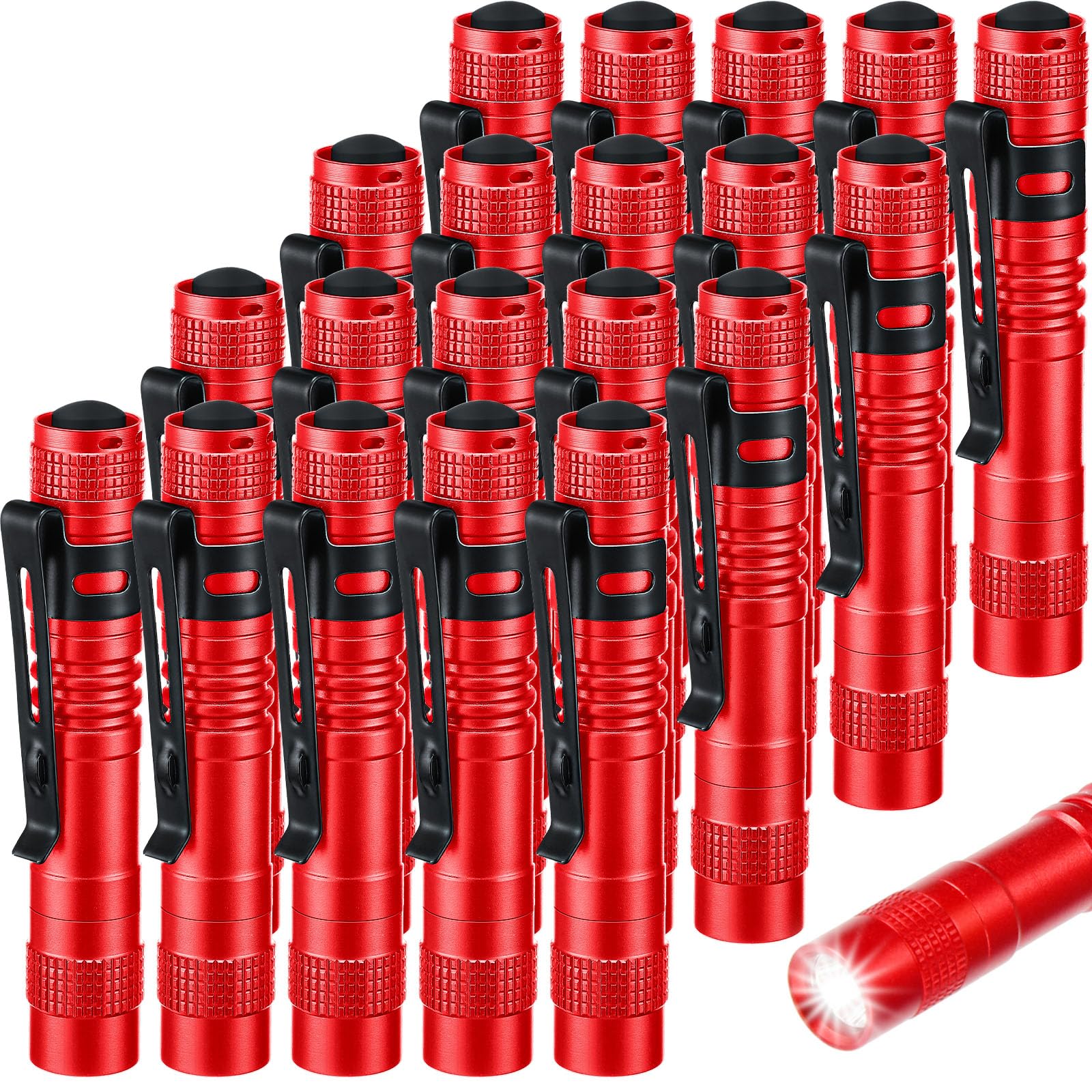 Hortsun Mini Pen Light Flashlight, 3.54 Inch, Red, Aluminum, 20 Pcs, Pocket Size with Clip