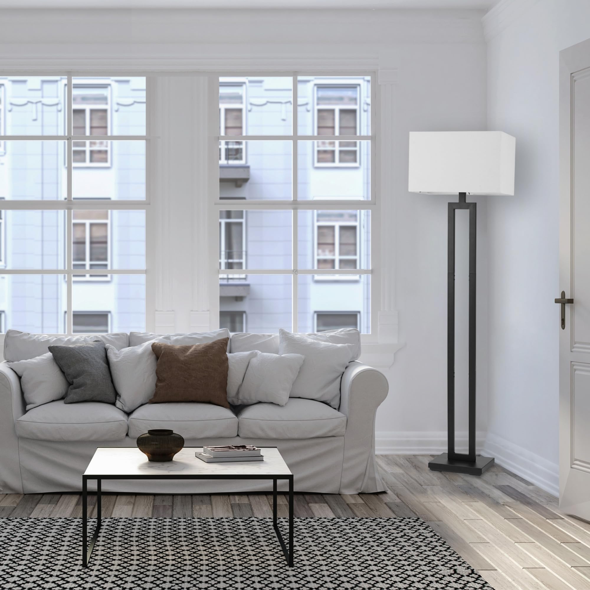 Globe Electric 67046 58'' Floor Lamp, Matte Black, White Linen Shade, On/Off Socket Rotary Switch, Standing, Living Room Decor,