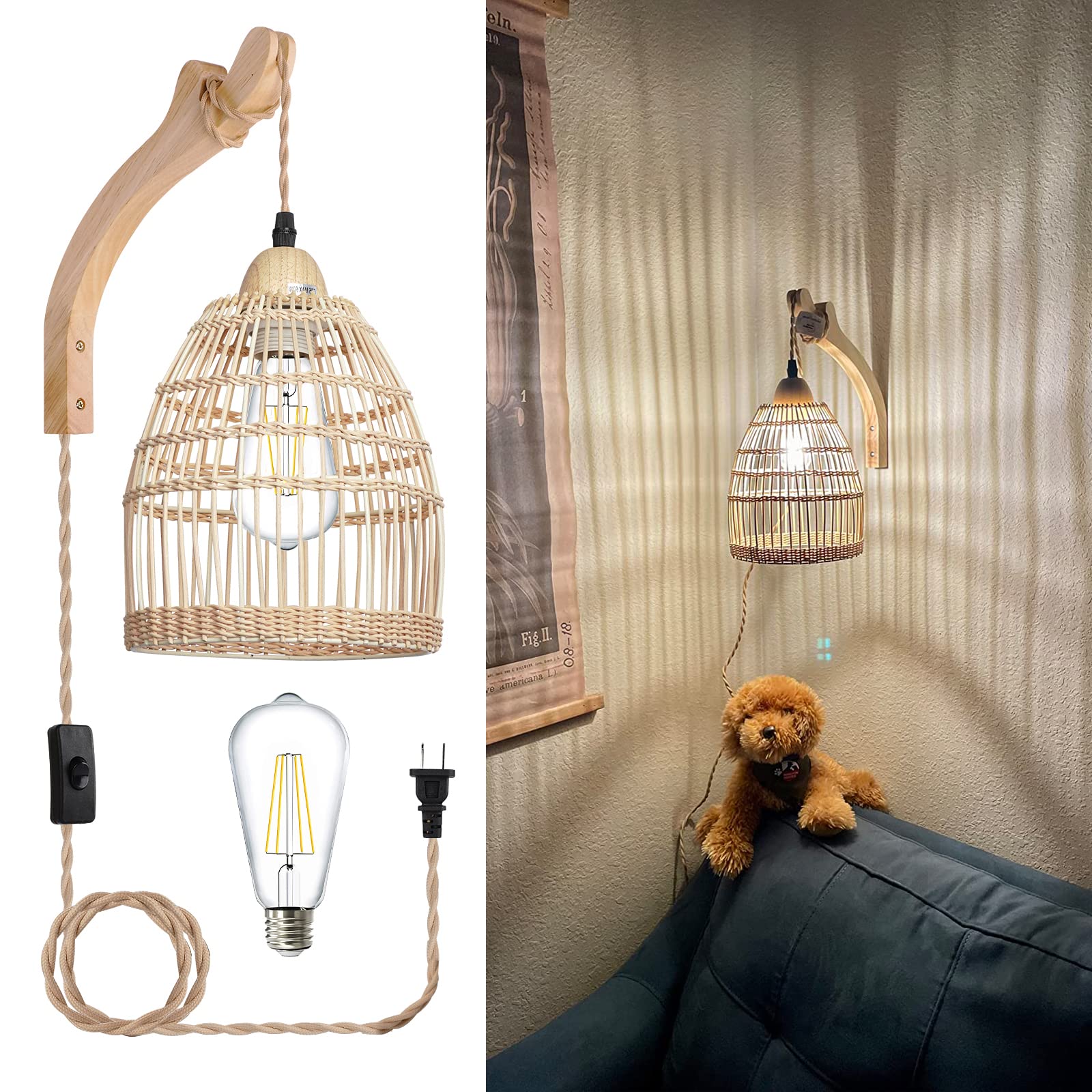 Frideko Rattan Plug In Wall Sconces Wicker Wall Lamp With Plug In Cord Hand Woven Rattan Wall Light Farmhouse Wall Sconce Wall M