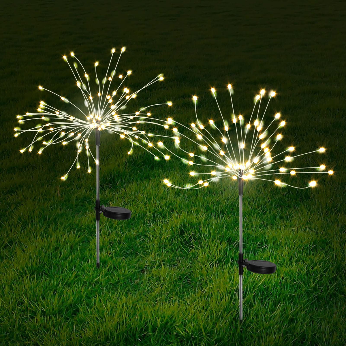 FOOING 2 Pcs Solar Garden Lights Solar Firework Lights, 120 LED Solar Powered String Light 2 Modes Twinkling Solar Lights for Garden, Wedding, Party,Patio(Warm White)