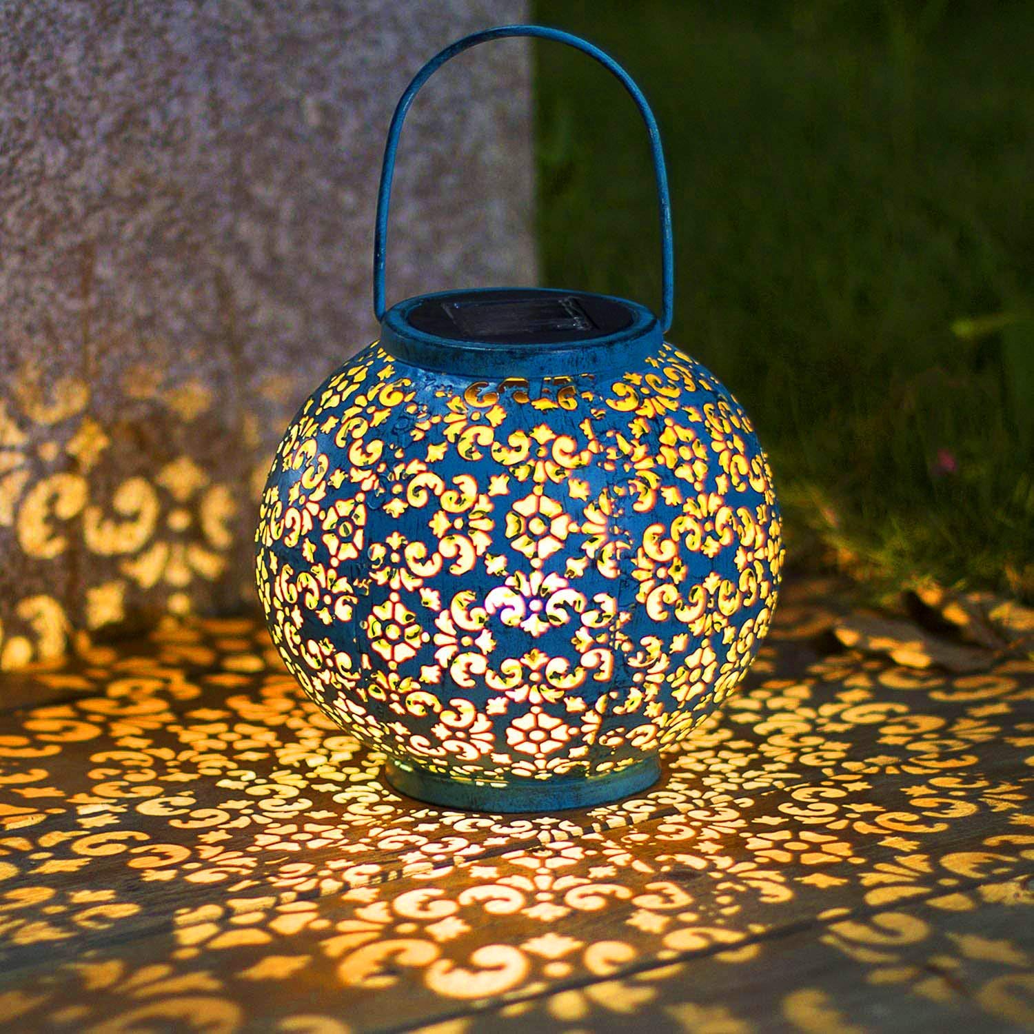 HOMEIMPRO Solar Lantern Hanging Garden Light, Metal Table Lamp, Waterproof, Large, Teal Blue, Model dd526