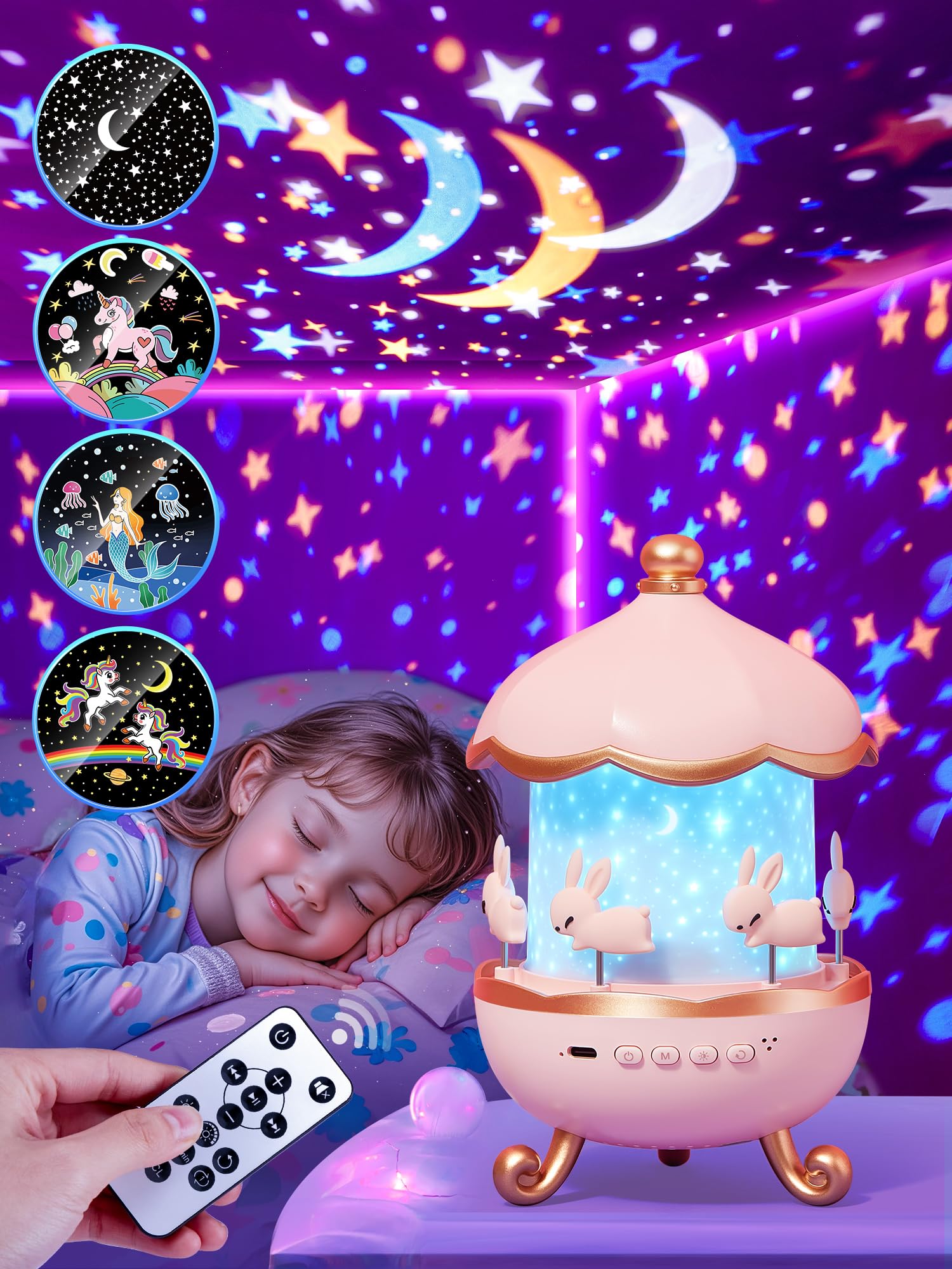 Staryou Night Light Projector for Kids, 21 Colors, 15 Films, Remote, Pink, Model WH-E11