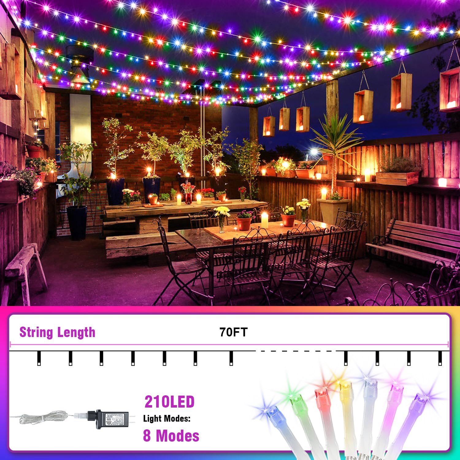Wastroyal 70Ft Multicolor String Lights  210 Led Seasonal Fairy Lights Waterproof With 8 Modes  Indoor Outdoor Decorative Lighting For Christmas Tree  Parties  Wedding  Patio  Garden