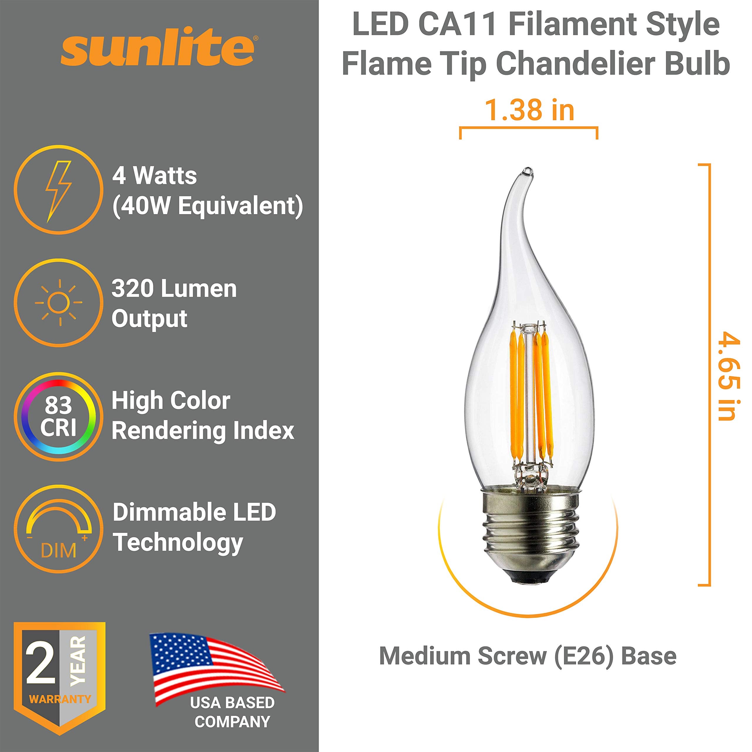 Sunlite LED Filament CA11 Flame Tip Chandelier Bulb, Dimmable, 4W (40W Equivalent), Medium E26 Base, 6 Pack, 1800K Candle-Light