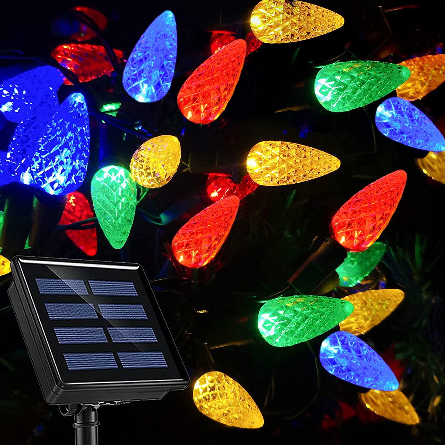 Hugsvik 39Ft 100 Led Solar Christmas Lights Outdoor, 8 Modes C6 Strawberry Lights, Waterproof Outdoor Christmas String Lights Fo