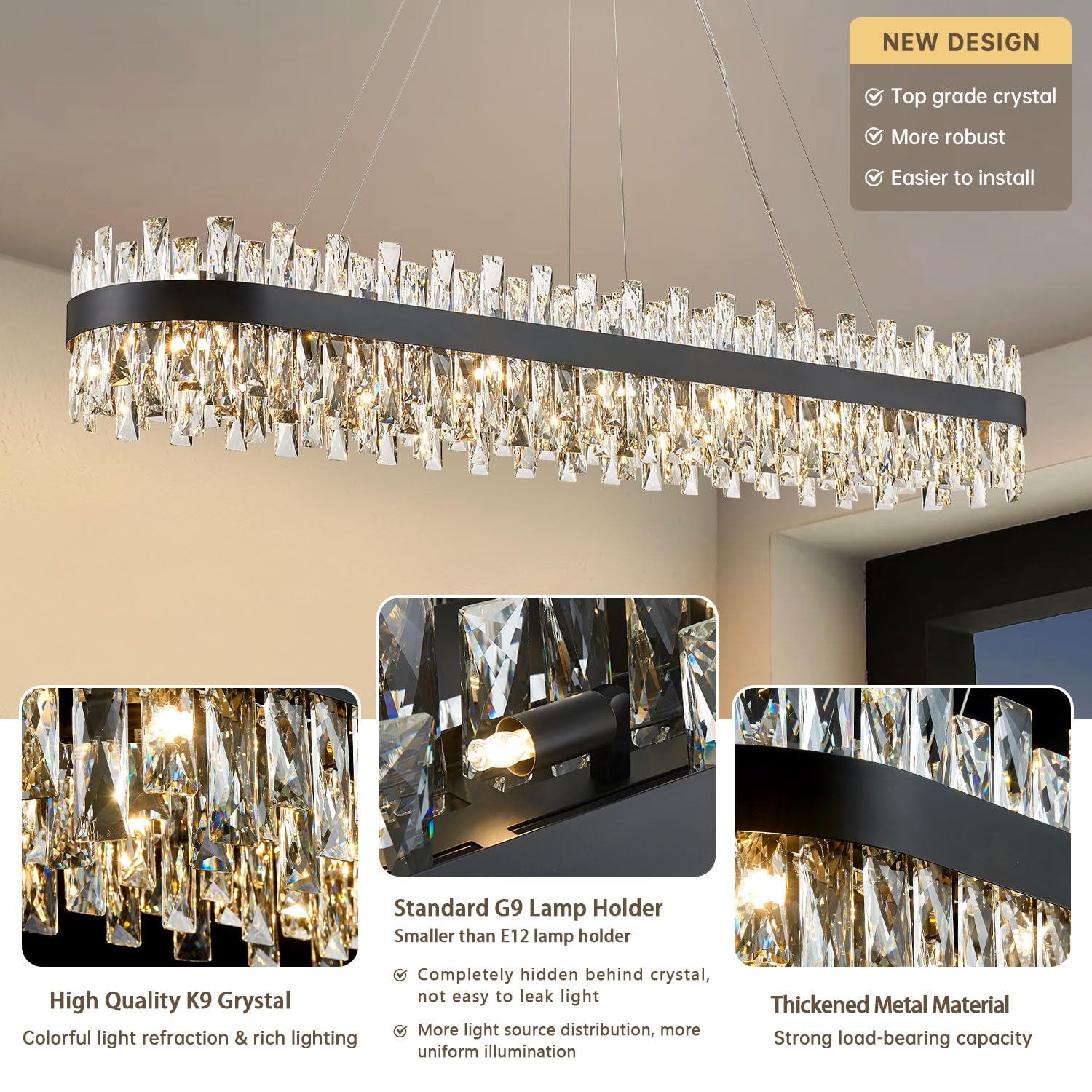 TMAFON Modern Black Crystal Chandelier, K9 Crystal, Rectangle, 57 inches, for Dining Room and Kitchen Island