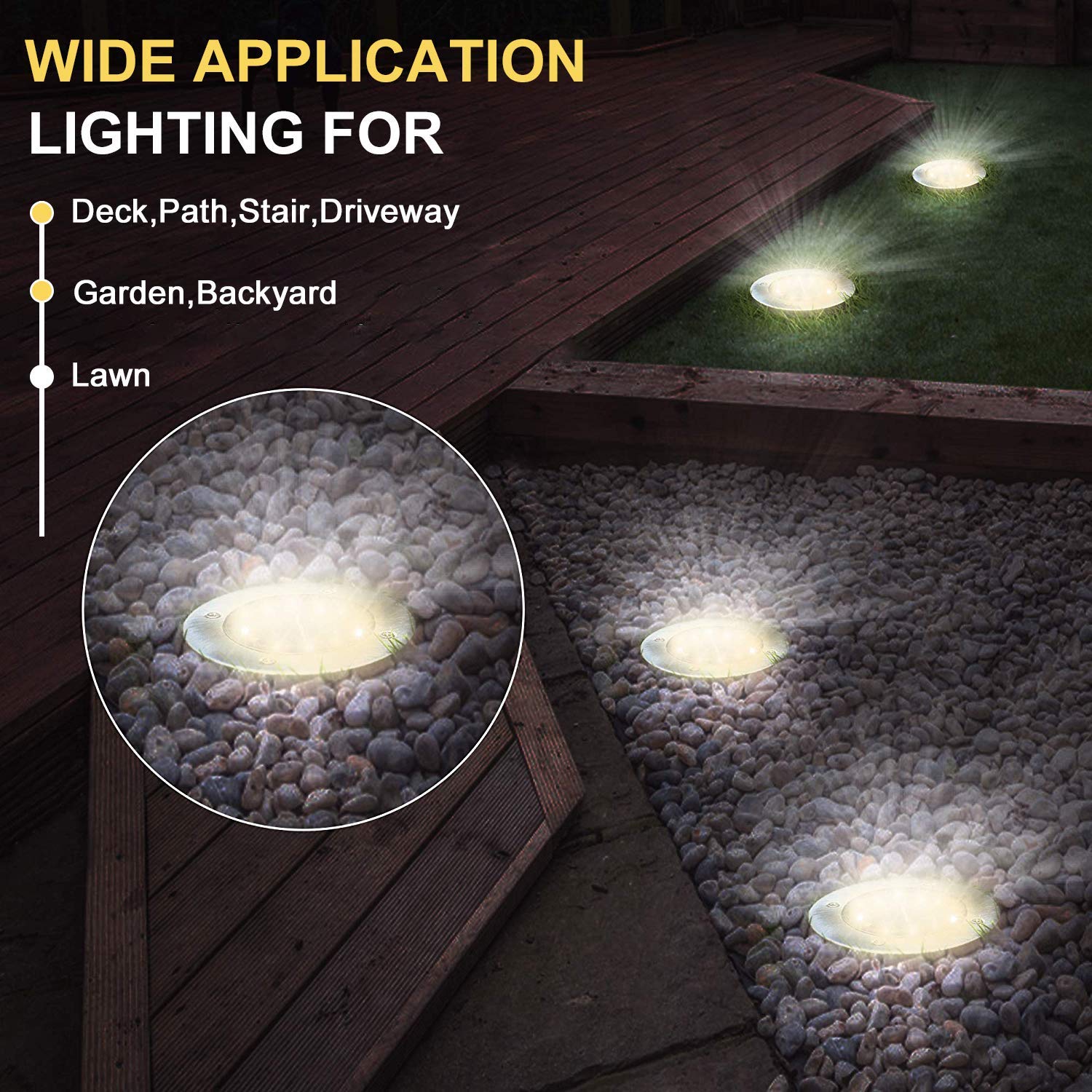 Aogist Solar Ground Lights, 8 LED Garden Disk Lights, Stainless Steel, Warm White, 8 Pack, Model 43397-23877