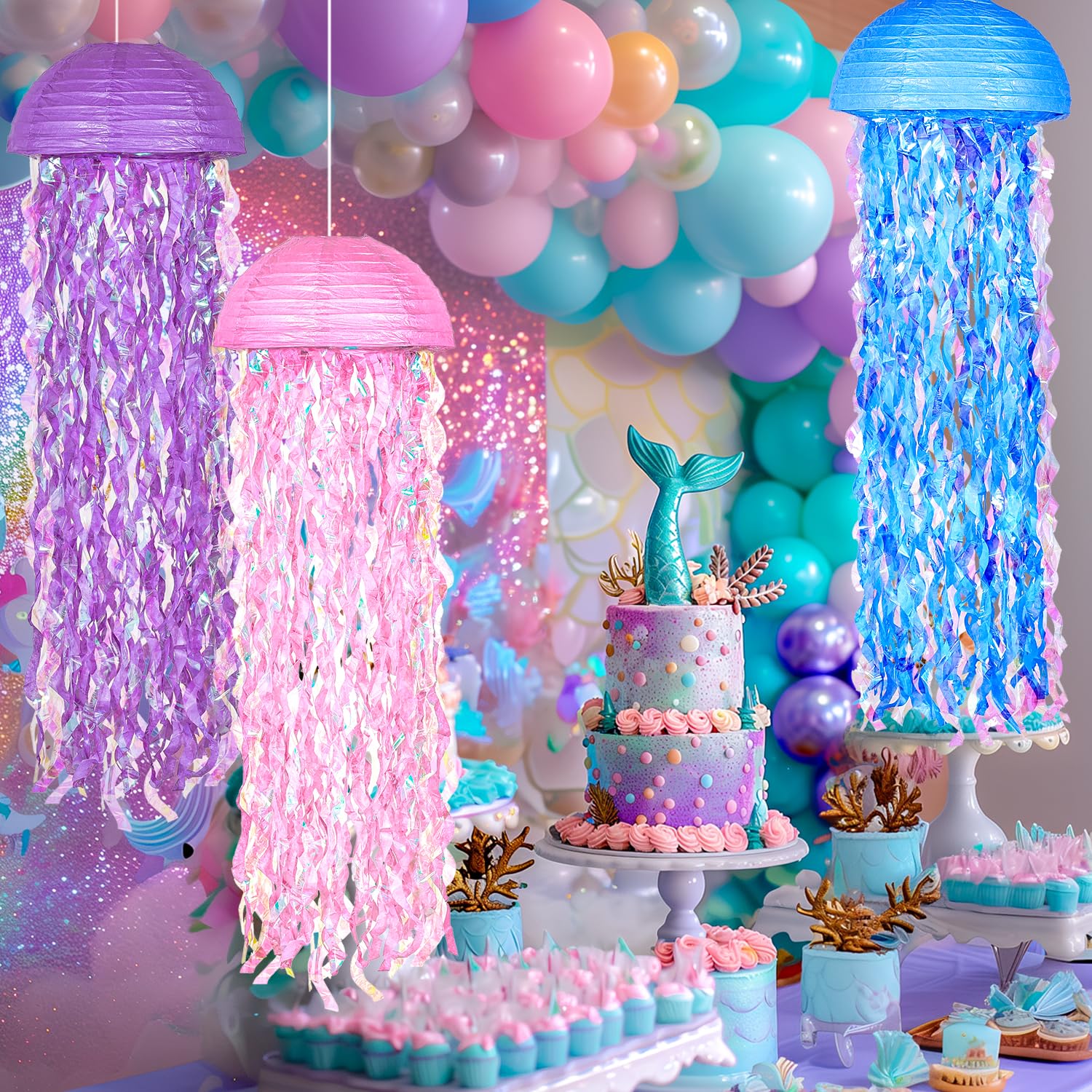 OBXT 10in Mermaid Jellyfish Lanterns Set of 6 - Multi-colored Paper Decorations for Ocean Themed Parties, Baby Showers, and Room Decor