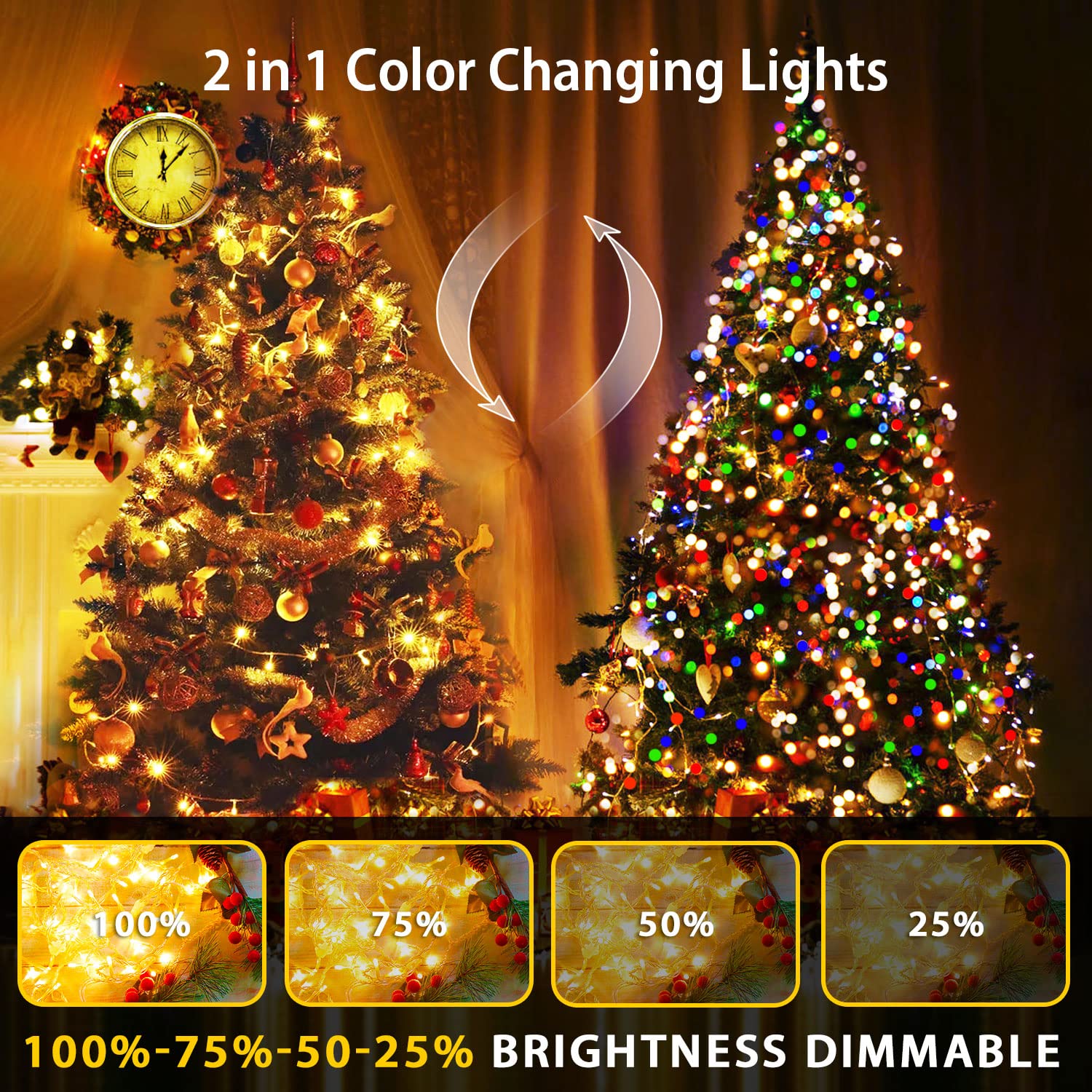 Jmexsuss 200 Led Color Changing String Lights Indoor Plug In, Warm White & Multicolor Christmas Lights Outdoor Clear Wire, 66Ft