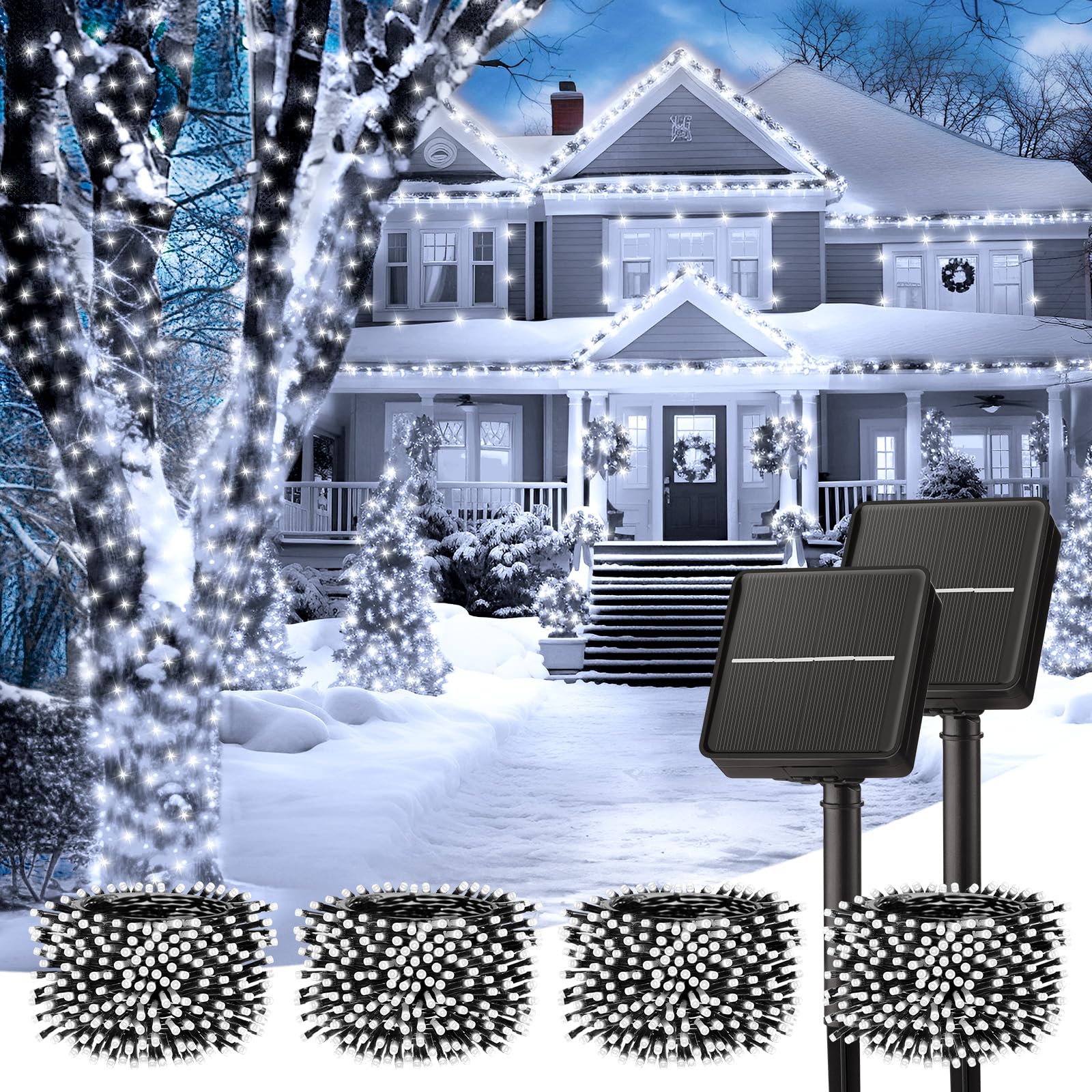 Minetom Solar String Lights, 160FT 400 LED, 8 Modes, Waterproof, Outdoor Christmas Lights, White, 4 Pack