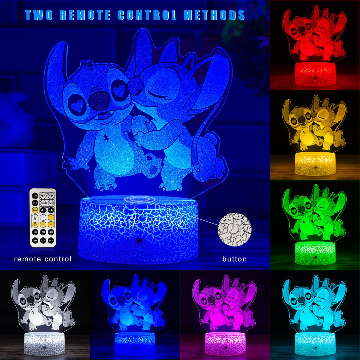 NINE SQUARE EGOU Stitch Night Light - Dimmable 7-Color Lamp with Timer Remote for Boys' Bedroom, Model JFYD03, Acrylic Material