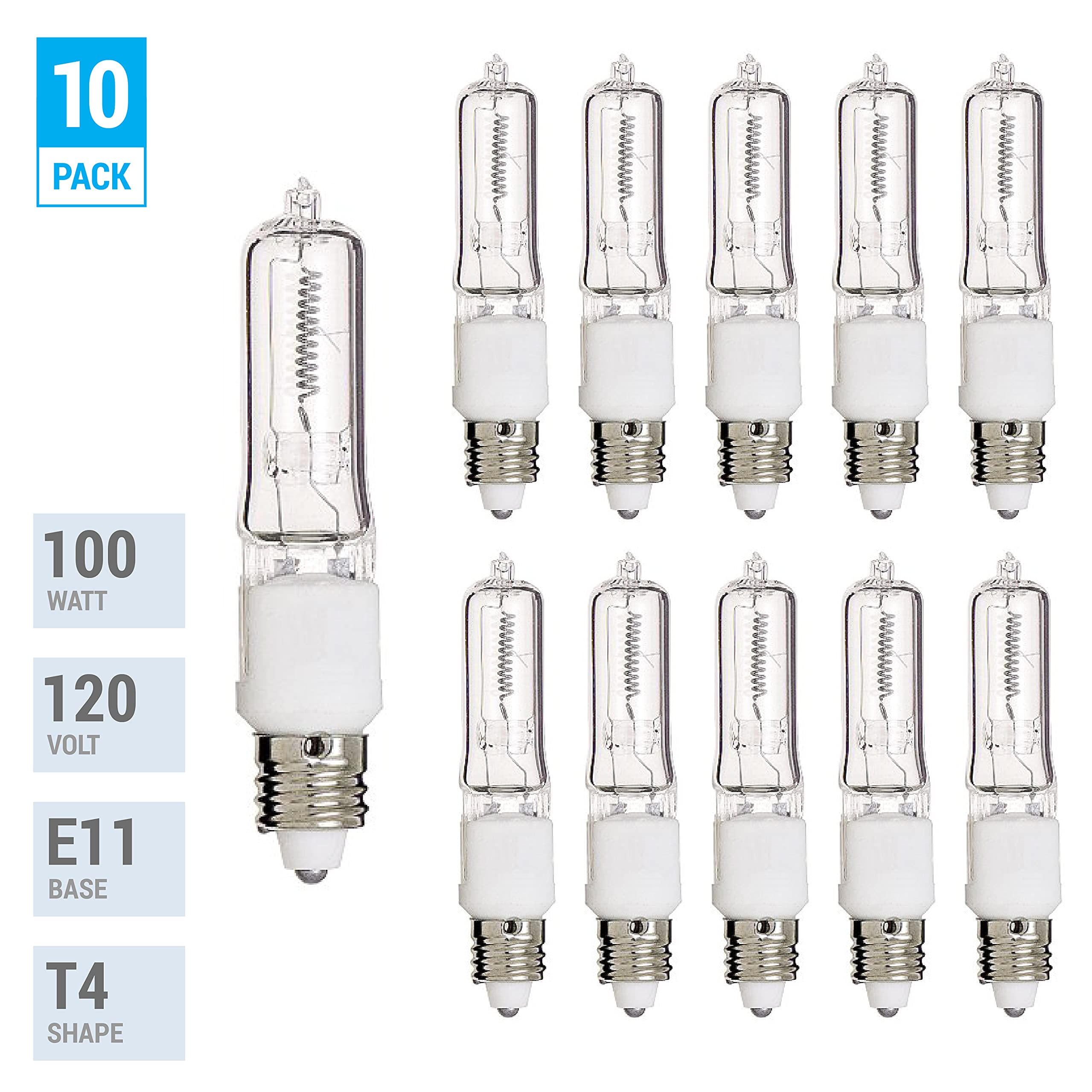 KOR 100W JDE11 Halogen Candelabra Bulbs, 10 Pack, Warm White, Dimmable, E11 Mini Base, Clear Finish