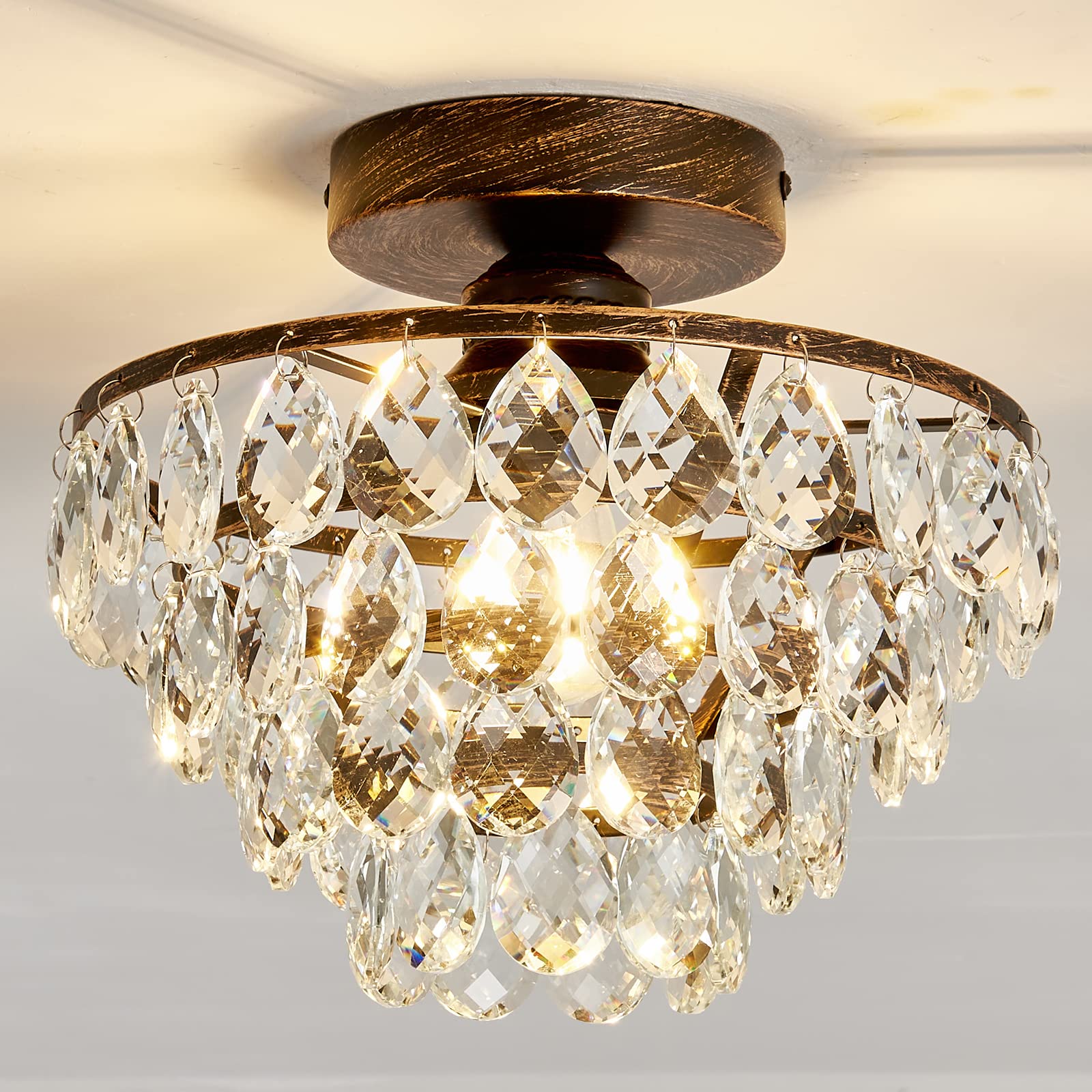 Yyjlx Crystal Chandelier,Modern Semi Flush Mount Small Ceiling Light Oil Rubbed Bronze,Mini E26 Ceiling Lamp For Hallway Bedroom