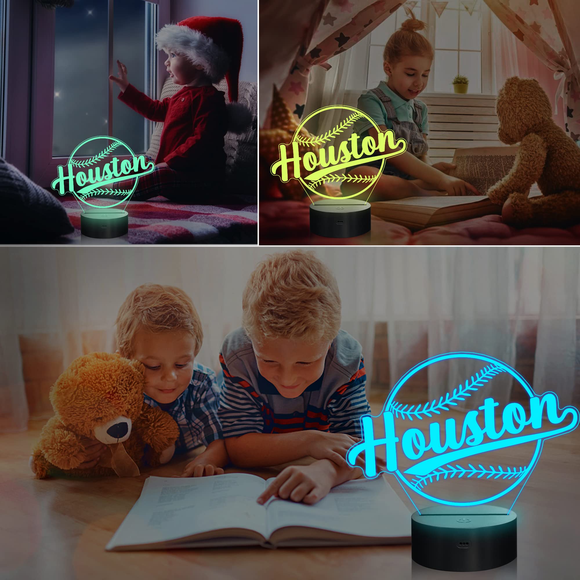 Lightzz 3D Illusion Lamp for Boys, Baseball Night Light, Remote Control, Acrylic, Houston Color, Model FS-xxxyyy