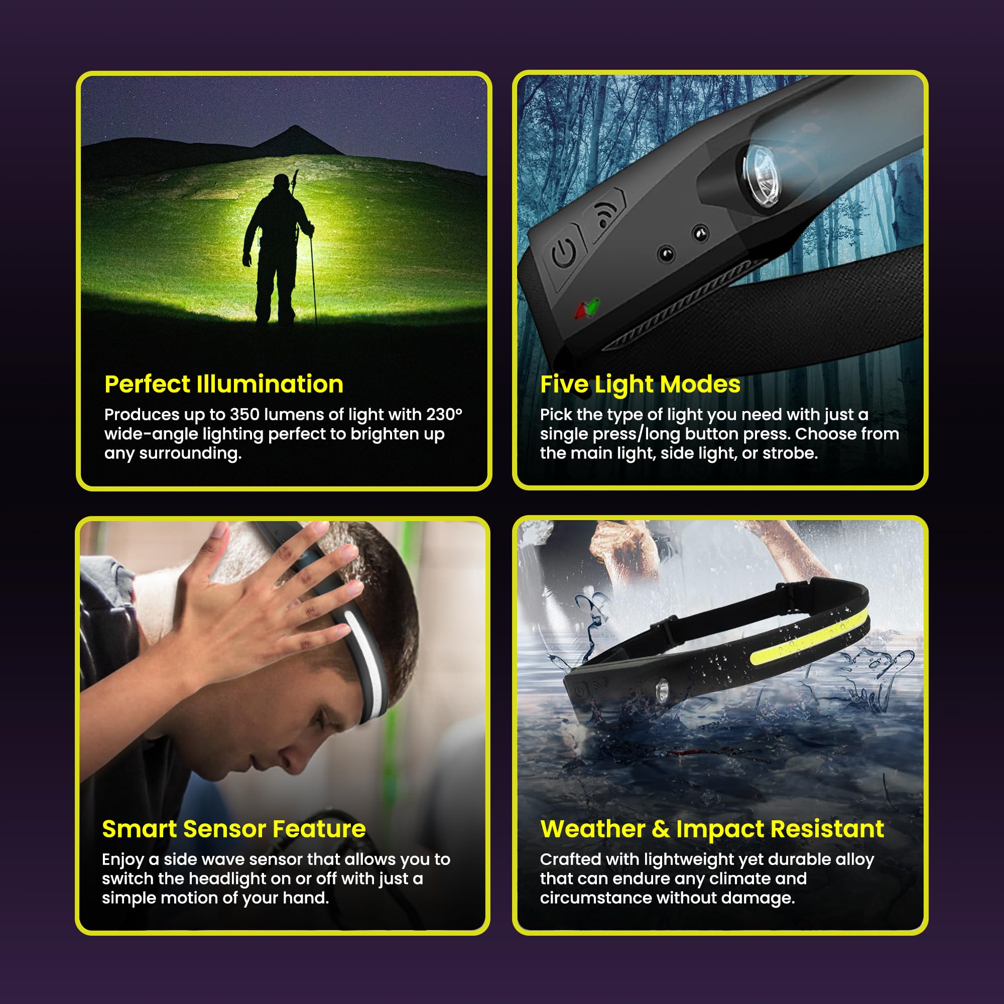 FREEZE2TRIM Tactical Headlight - 230° Wide Beam LED, 350 Lumens, Rechargeable USB-C, IPX4 Waterproof, Adjustable Size, Black