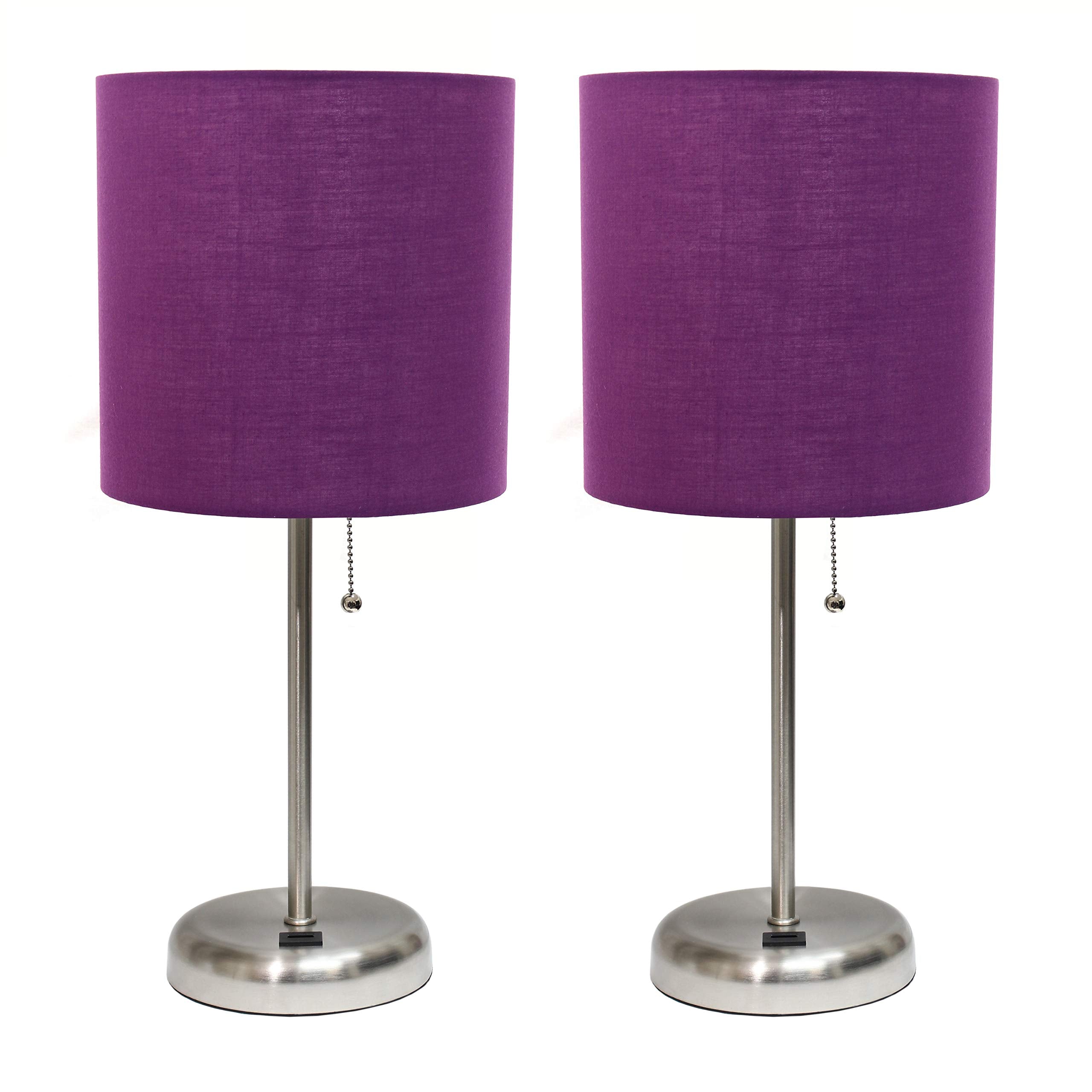 Simple Designs LC2002-PRP-2PK Brushed Steel Stick Table Lamp Set with USB Charging Port and Purple Fabric Shades  2 Pack Set