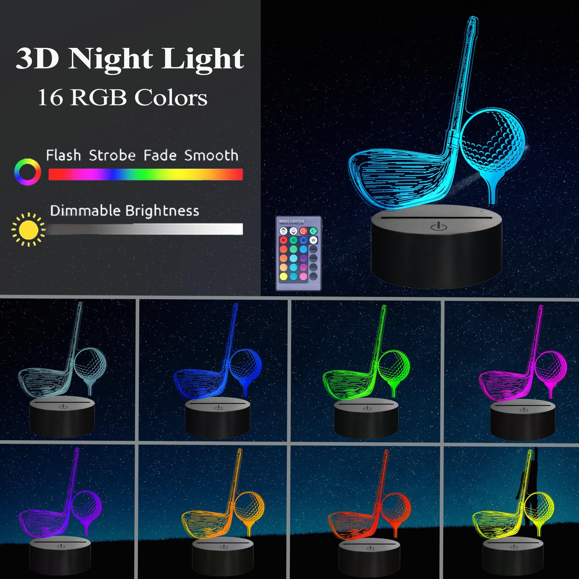 Posshe Golf Night Light, Golf Club Gifts, 3D Illusion Lamp With 16 Colors Changing, Remote Control And Dimmable, Men Boys Girls